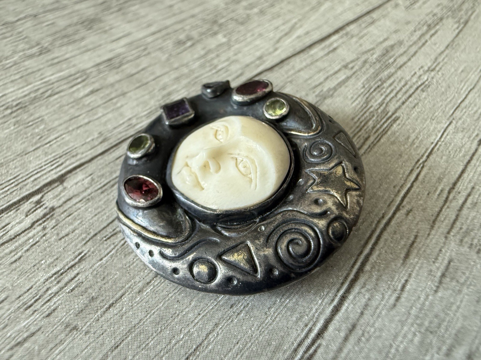 MYSTIC MOON FACE Sterling Silver Amethyst Topaz Carved Goddess Pendant Brooch