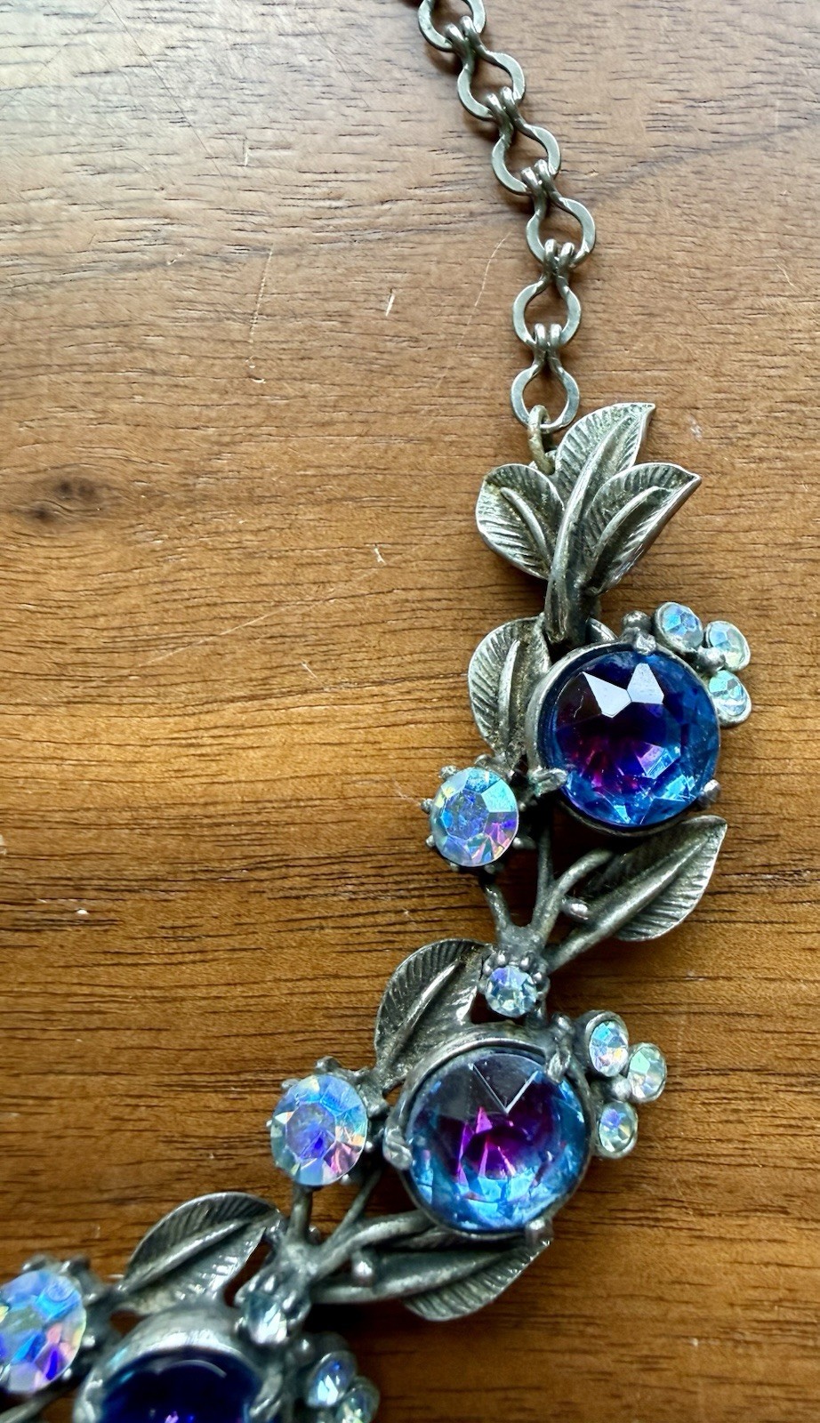 Vintage FLORENZA Blue Purple Peacock Vitrail Rhinestone Necklace Signed