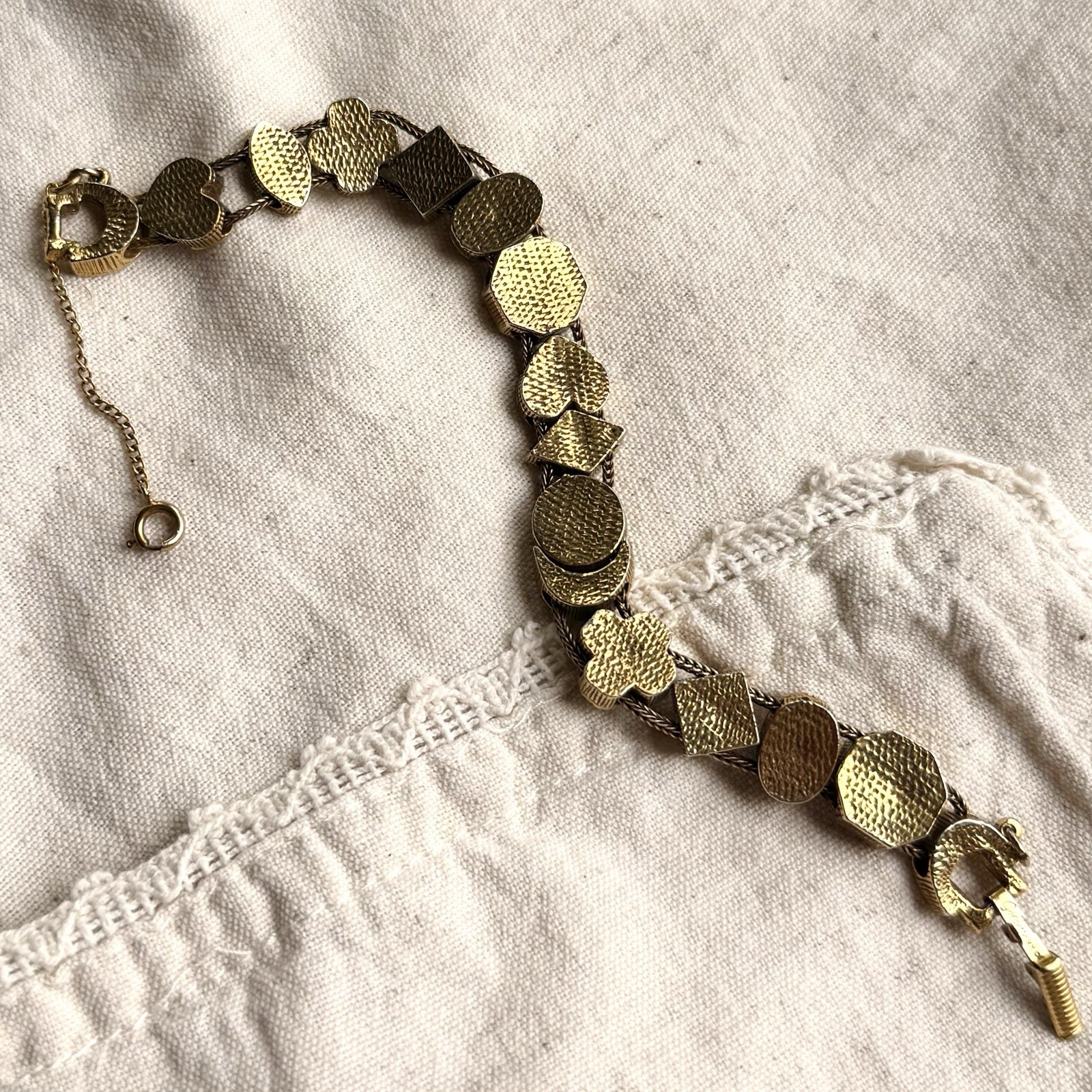 Vintage Goldette NY Victorian Revival Slide Charm Bracelet Safety Chain Signed
