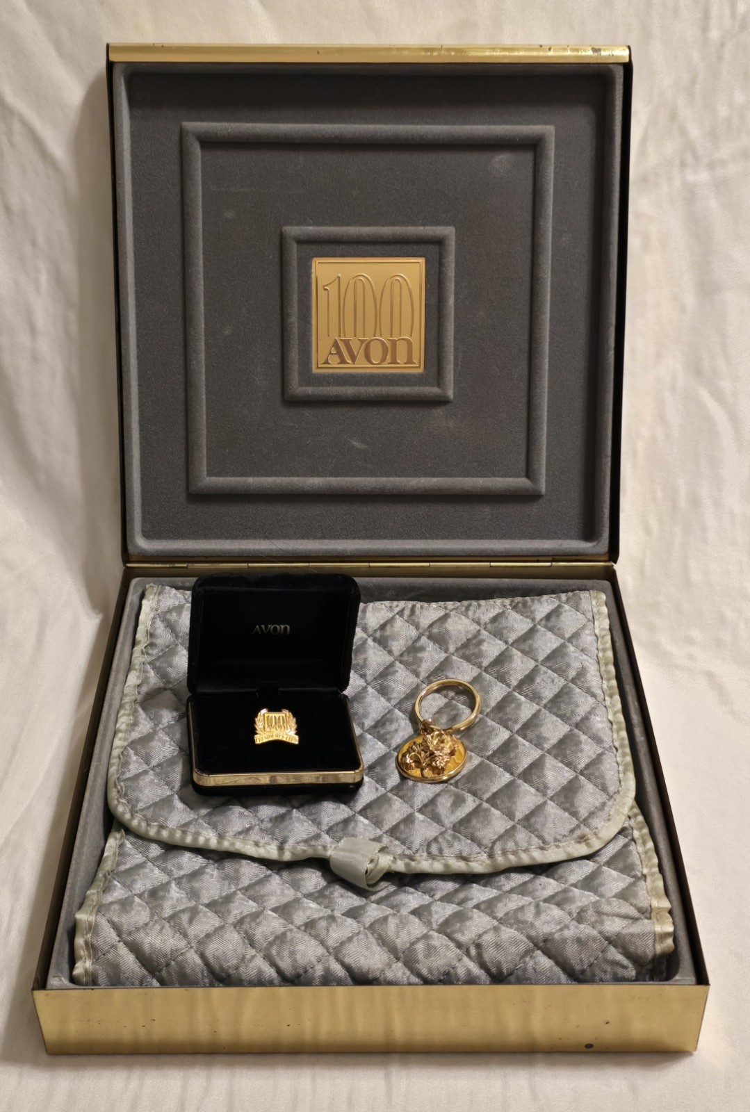 Avon 100 Year Anniversary 1986 Lot: Gold Jewelry Box, Rose Keychain, Brooch, Pin
