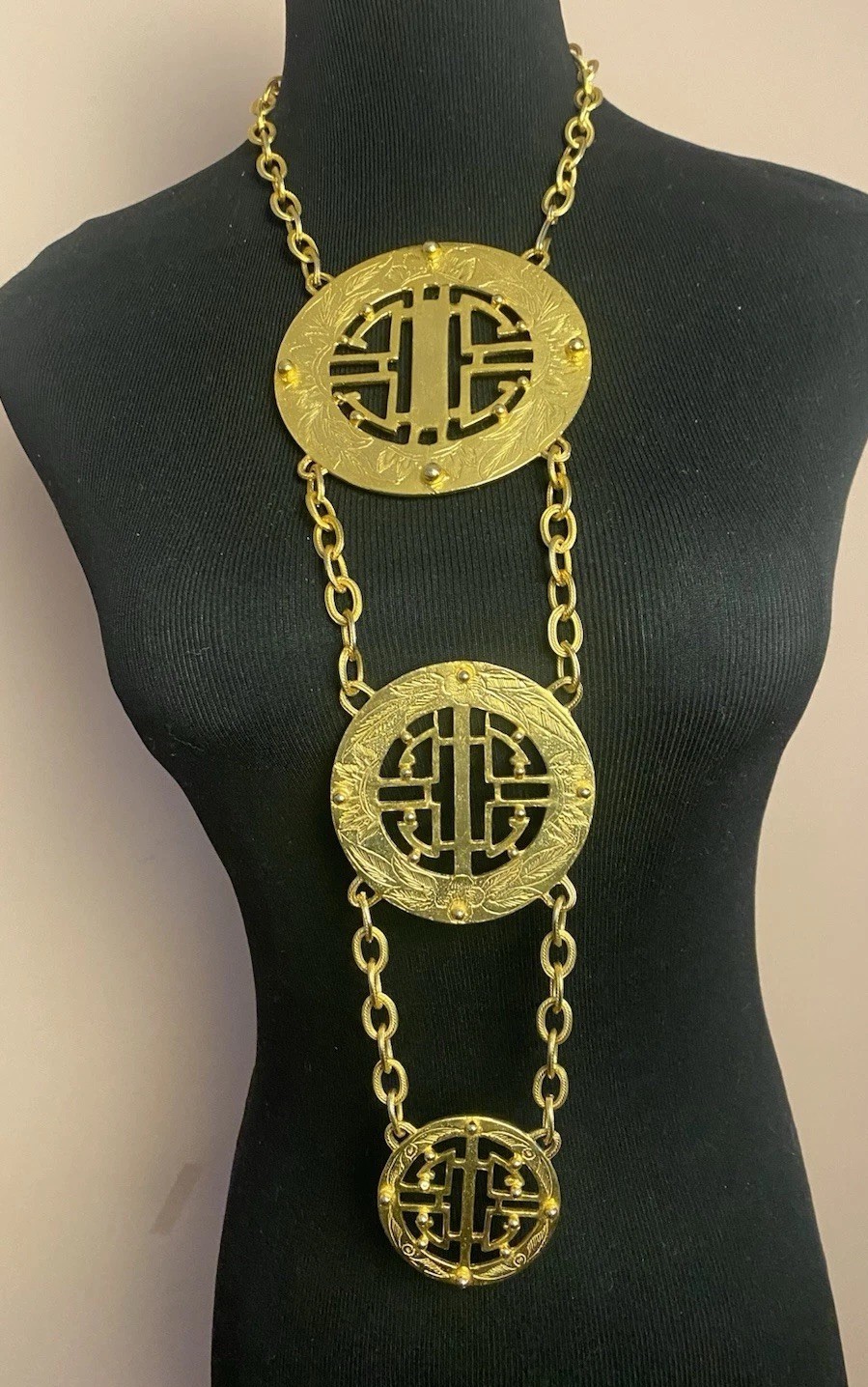 Vtg Alexis Kirk Large 3 Medallion Asian Style Necklace Runway