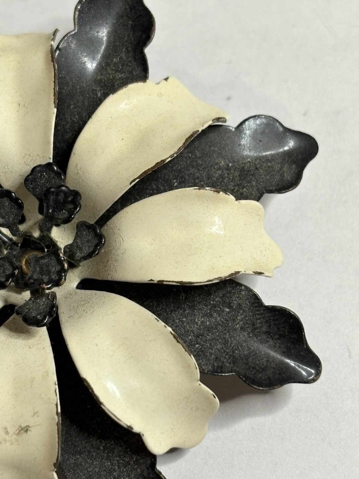 Vintage Large Enamel Black And White Flower Brooch Pin