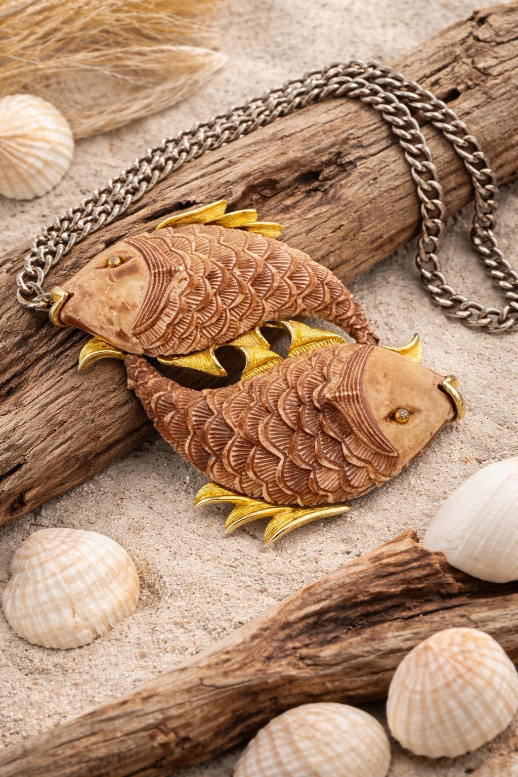 Vintage Razza Double Fish Necklace Carved Resin Faux Bone Gold Tone Large Pisces