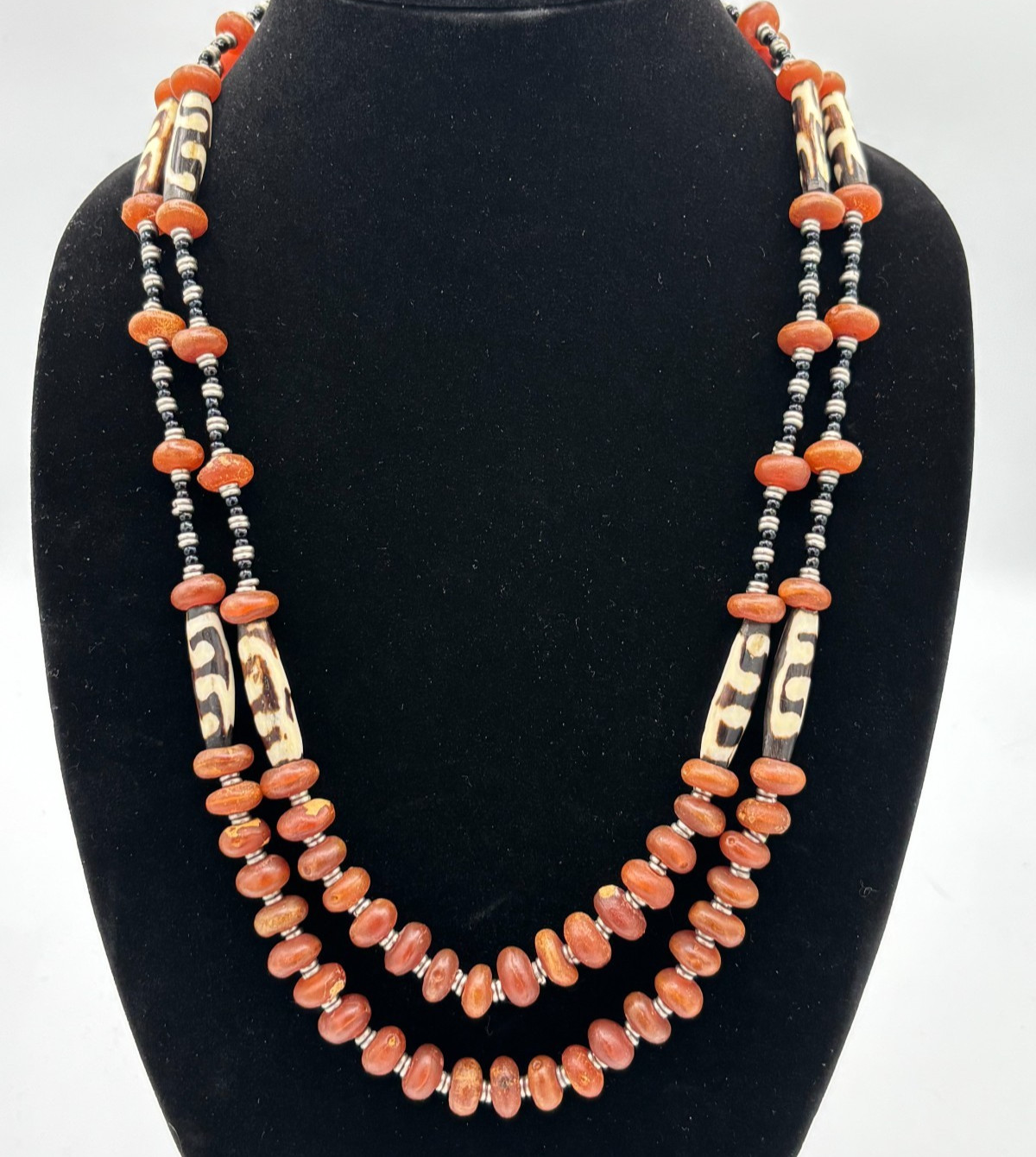 Vintage African Batik Bone Carnelian Trade Bead Multi Strand Necklace Statement