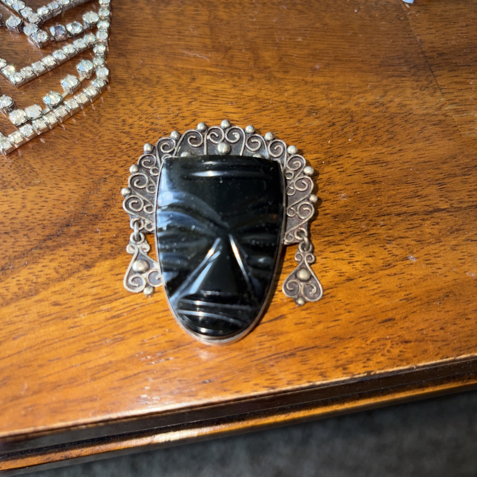 Vintage Mexican Sterling Silver Obsidian Mask Brooch Aztec Style