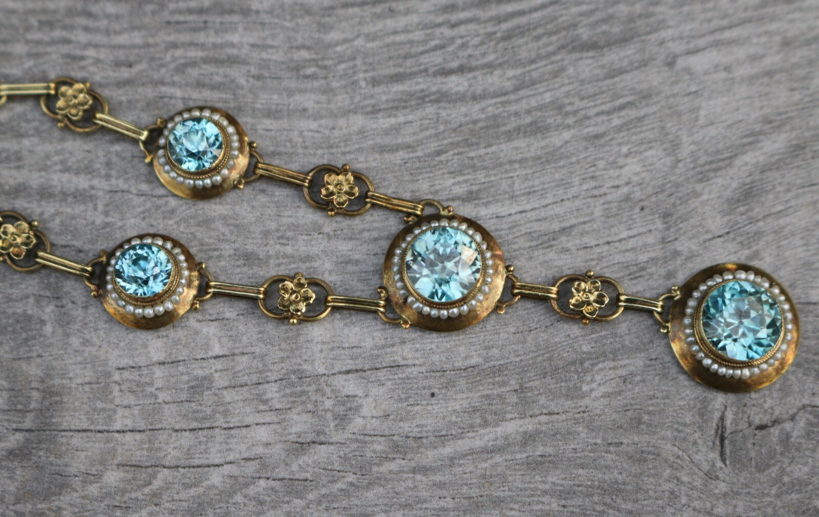 Antique Edwardian 14K Gold Round Vivid Blue Zircons with Seed Pearls Necklace