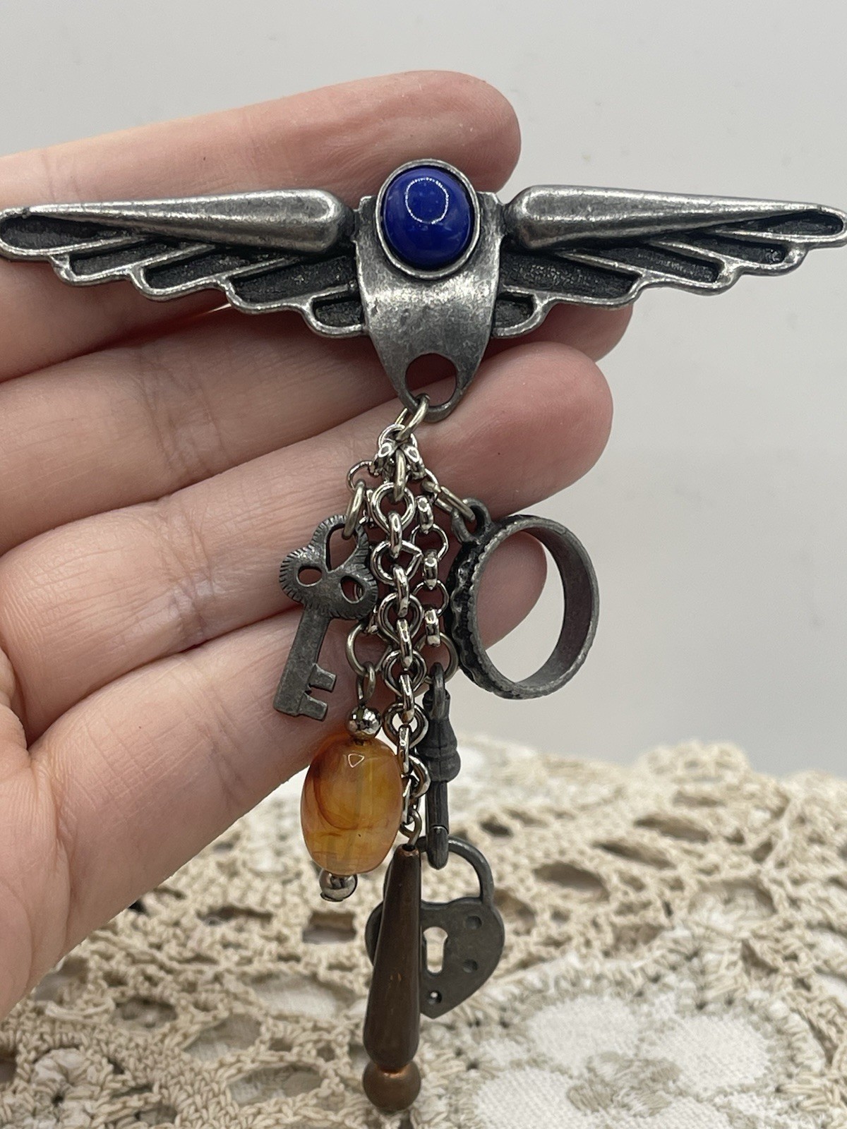 Vtg Steampunk Wings Dangle Chain Charm Pewter Brooch Pin Glass Copper 4”