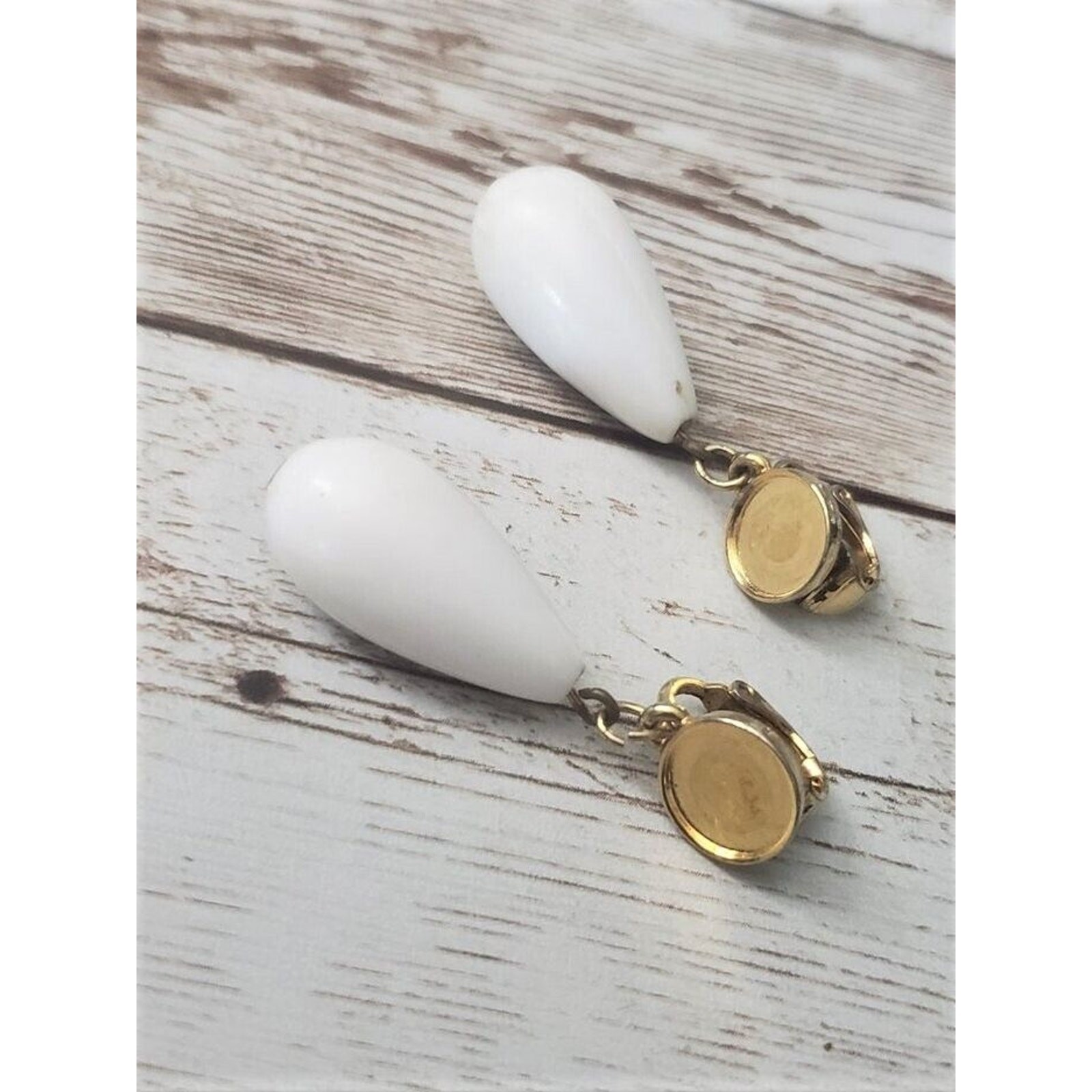 Vintage Clip On Earrings – Elongated White Dangle 1 & 5/8″