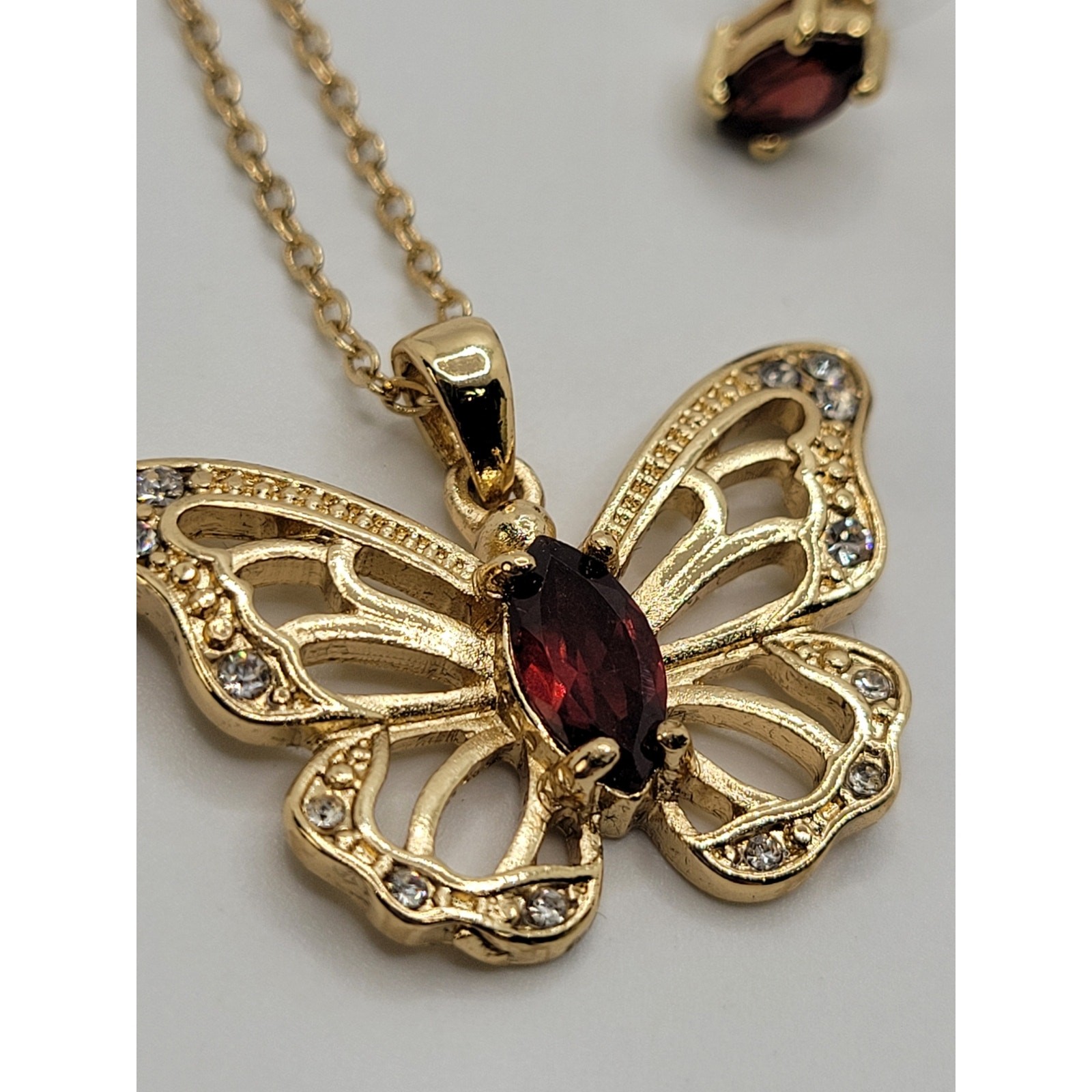 Garnet Butterfly Pendant Necklace Stud Earrings Set Goldtone Crystal Rhinestones