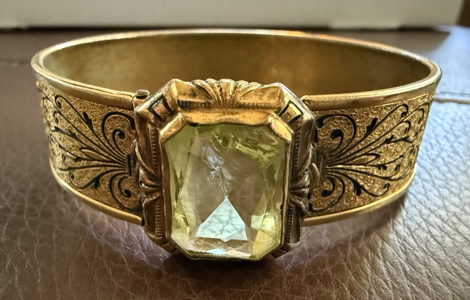 Antique Art Deco Bangle JJ White Bracelet Gold Plated Green Stone Vintage