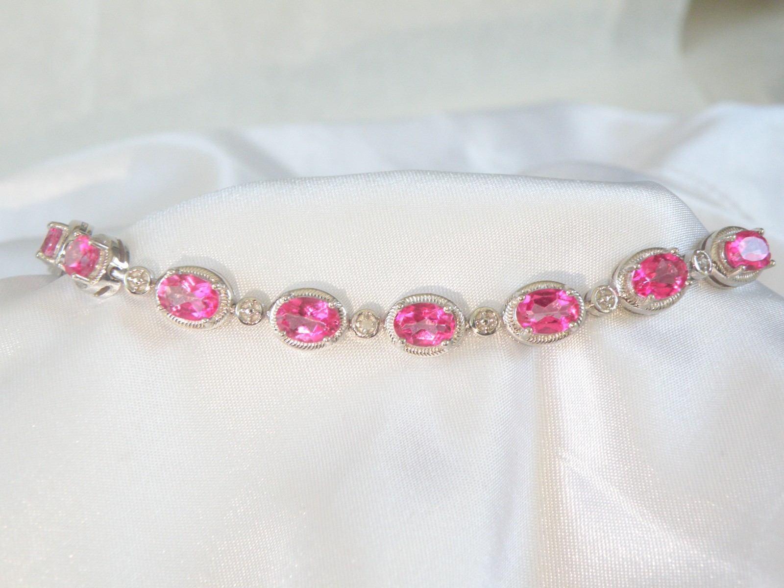 Sterling Silver 925 Natural Pink Topaz Diamond Tennis Bracelet 7.5″
