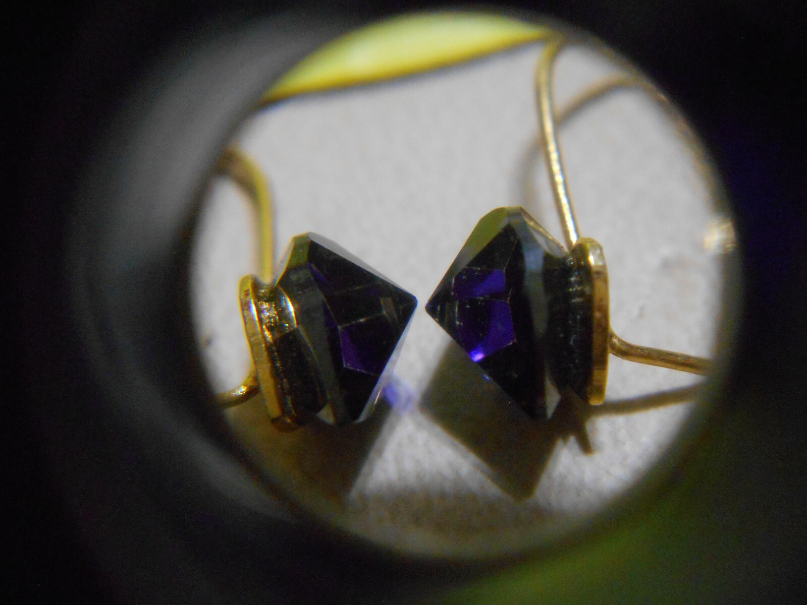 Vintage Amethyst / Sapphire Color Hook Style Heart Earrings Gold Tone Brass
