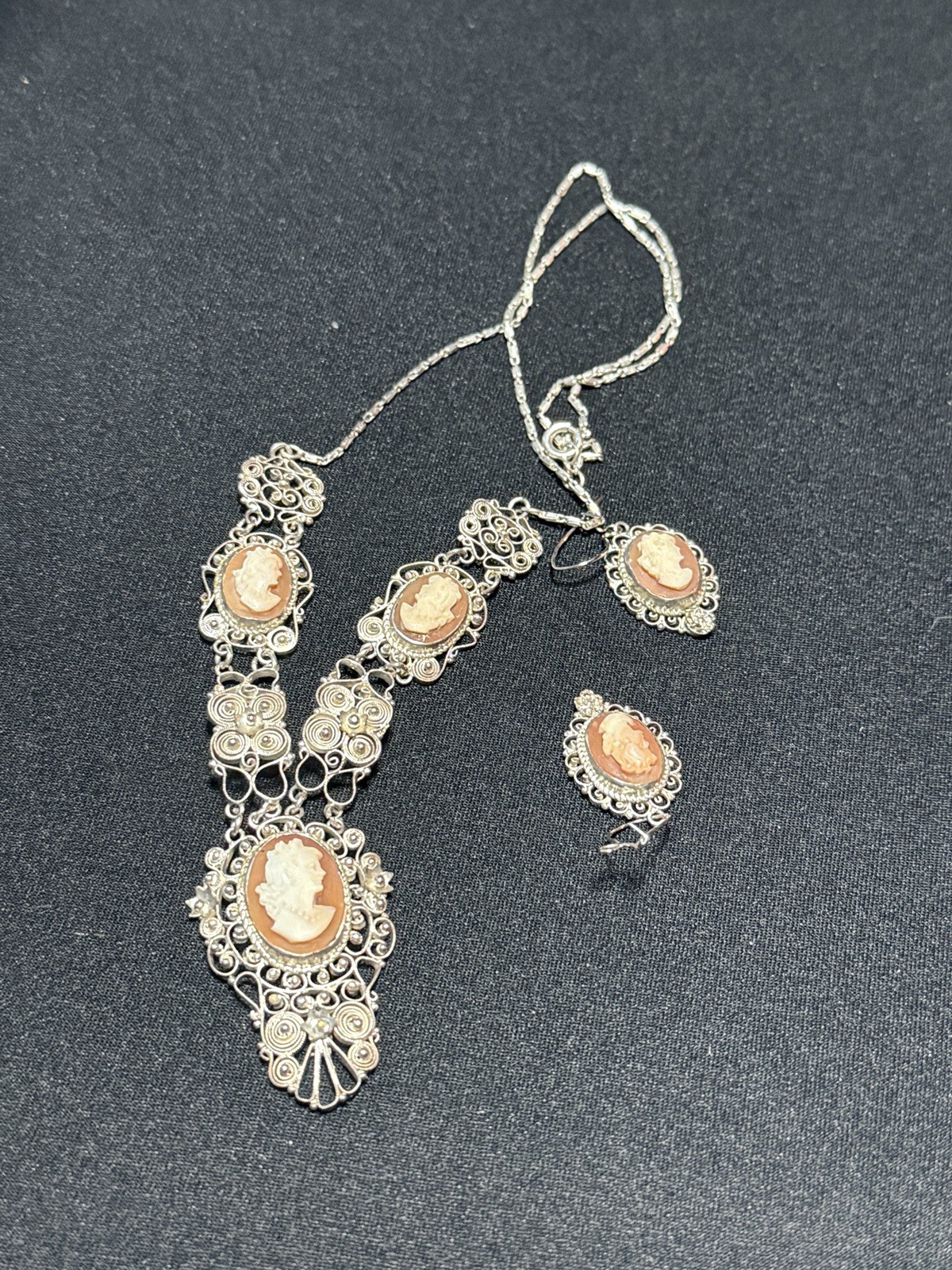 Vintage 800 Silver Filigree Cameo Parure Necklace & Earrings