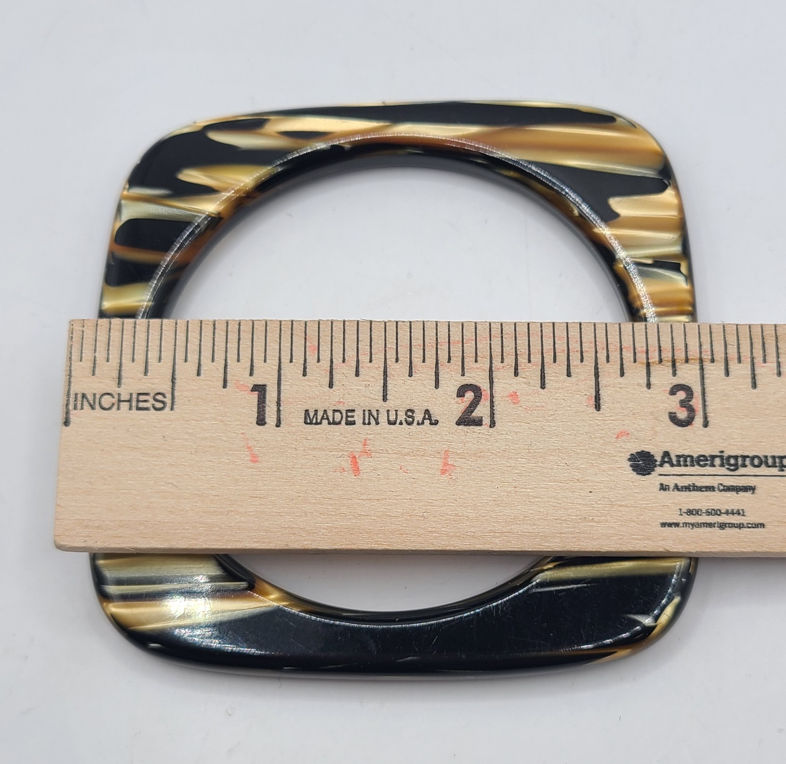 Vtg Acrylic Lucite 3″ Square Bangle Bracelet Black Gold Moonglow Streaks 7.5″