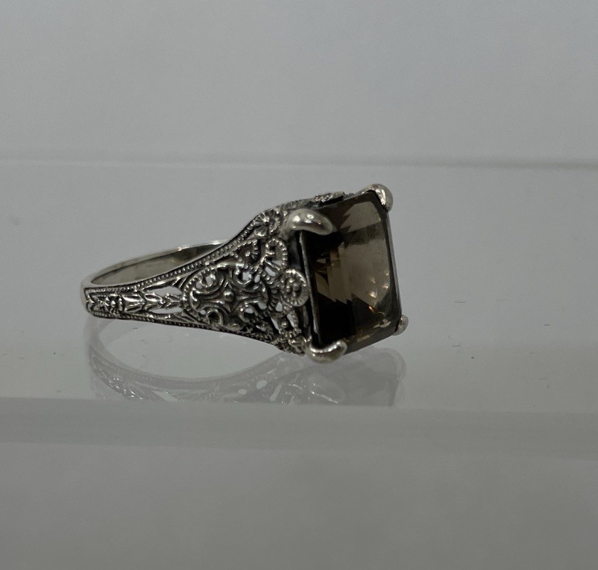 Estate Ring Smokey Gray Quartz Sterling Silver Sz 9.5 Baguette Art Nouveau Style