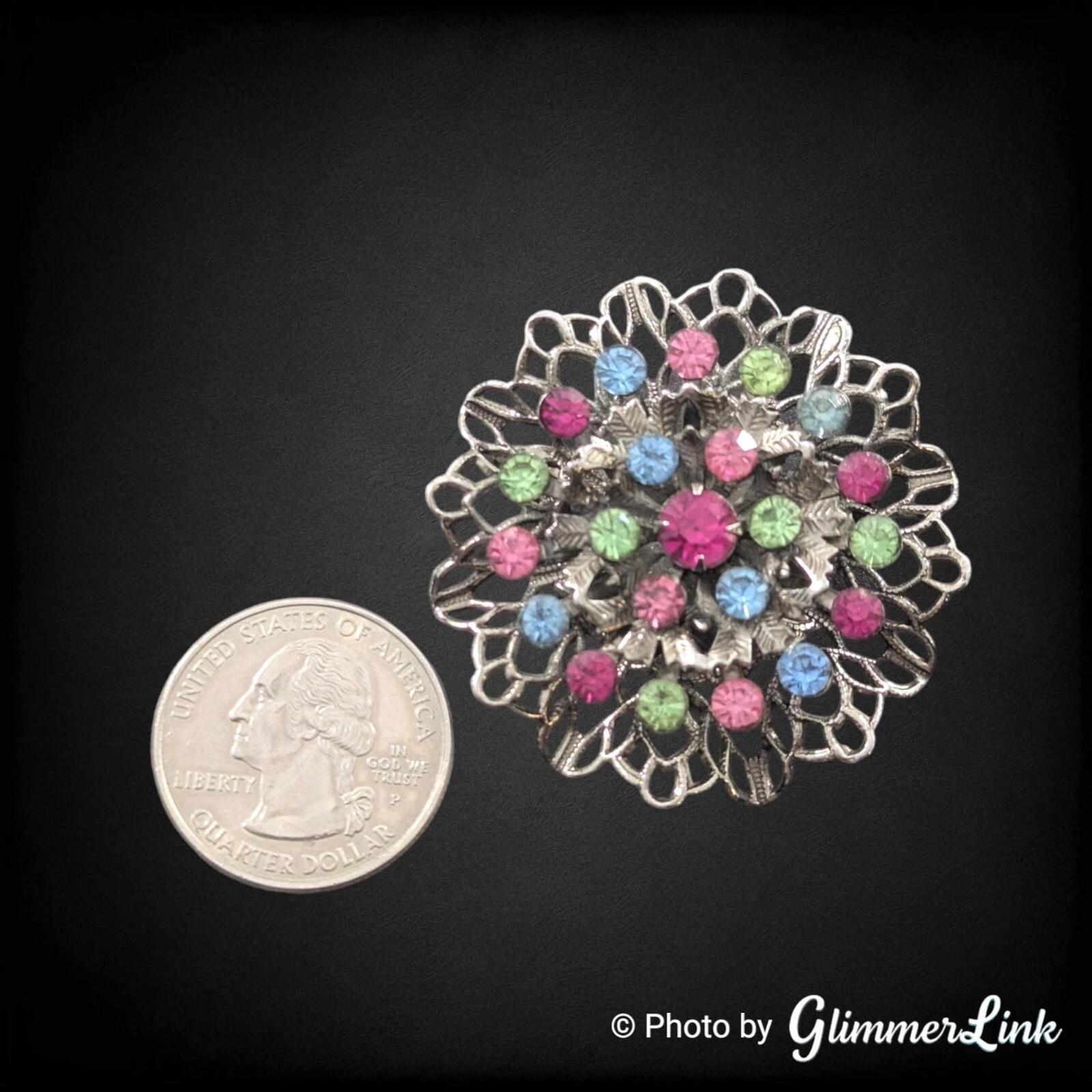 Vintage Filigree Layered Multicolor Rhinestones Floral Silver Tone Brooch