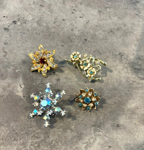 Vintage Brooch Lot of 4 Multi-Color Rhinestone Flowers and Snowflake