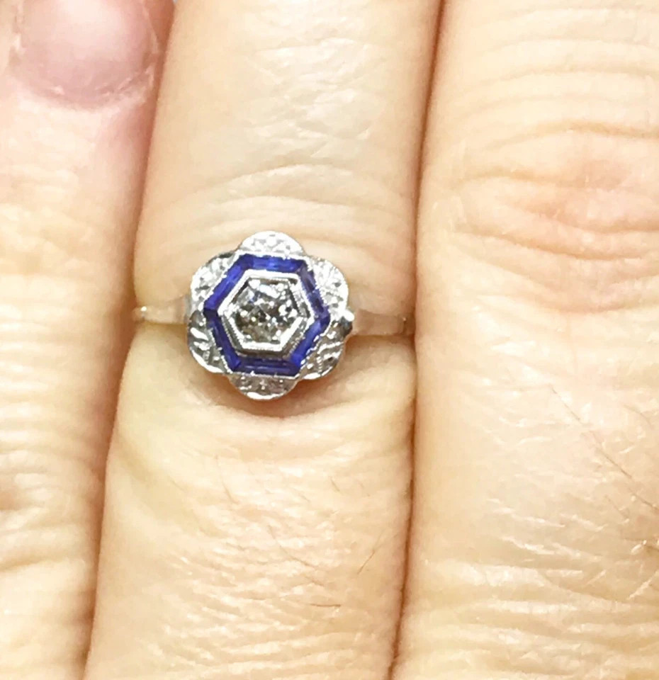 Art Deco Style Lab Created Diamond & Sapphire Anniversary 14K Gold Finish Ring