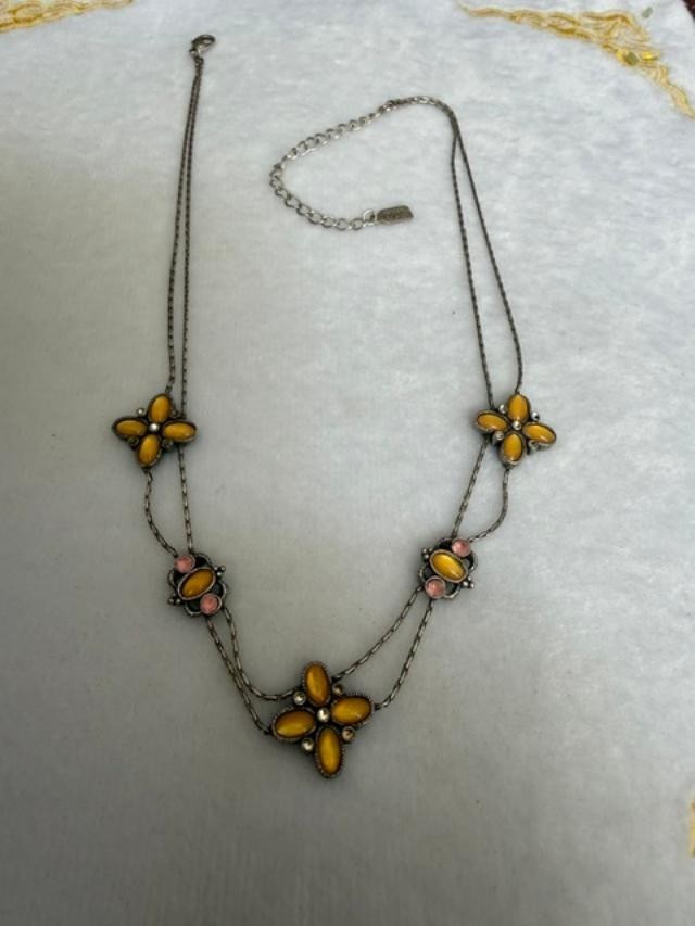 1928 Yellow Floral Rhinestone Station Necklace 16″ + 3″ Extender
