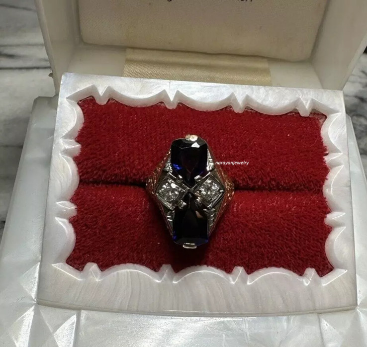 Navette 3Ct Sapphire Lab Created Old Century Vintage Ring 14K White Gold Plated