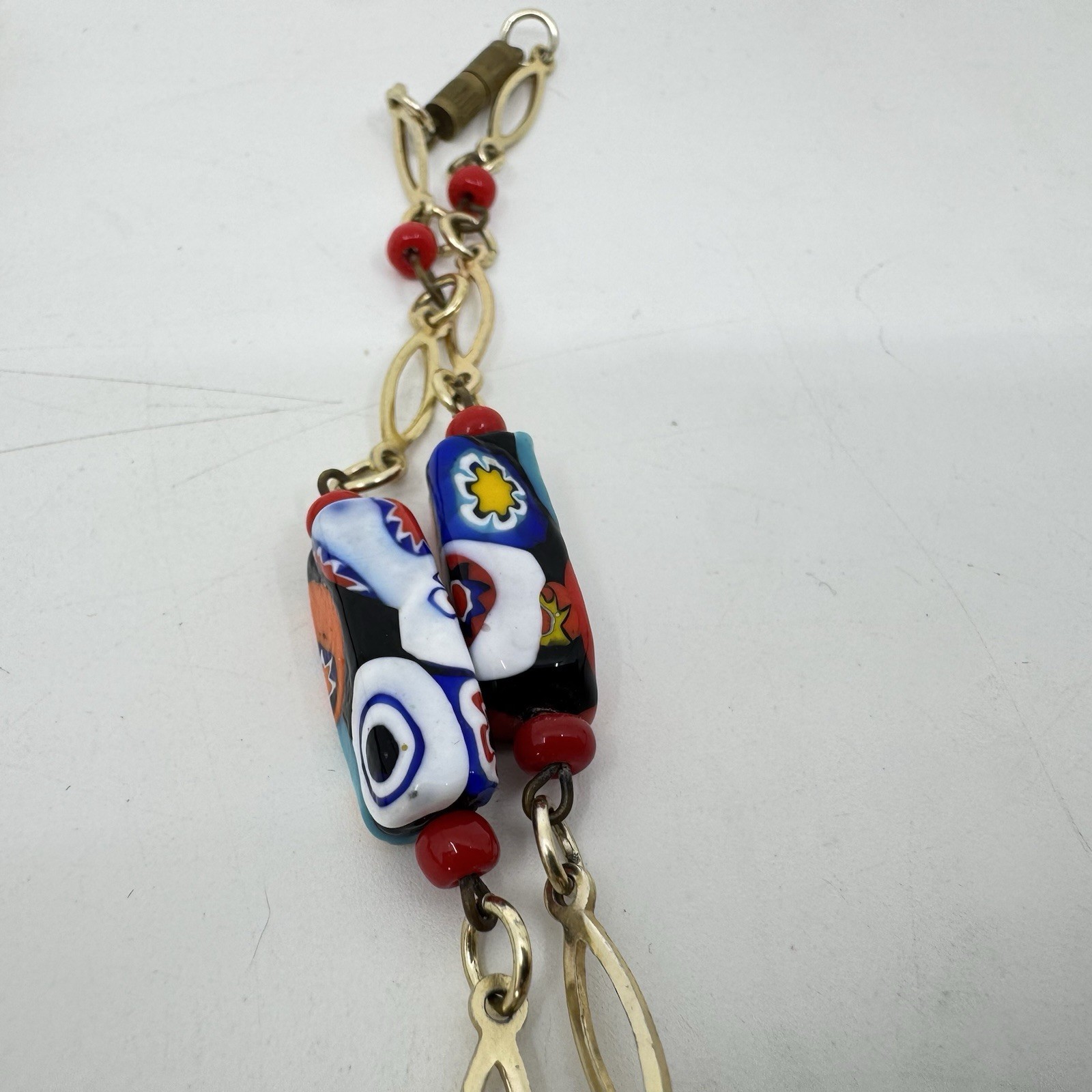 Vintage Millefiori Rectangle Glass Bead Necklace Gold Tone 29”