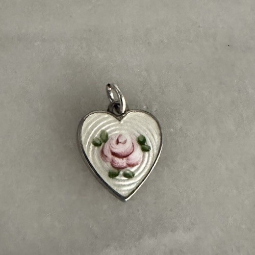 Victorian Era Sterling Silver & Guilloche Enamel Pink Rose Heart Charm
