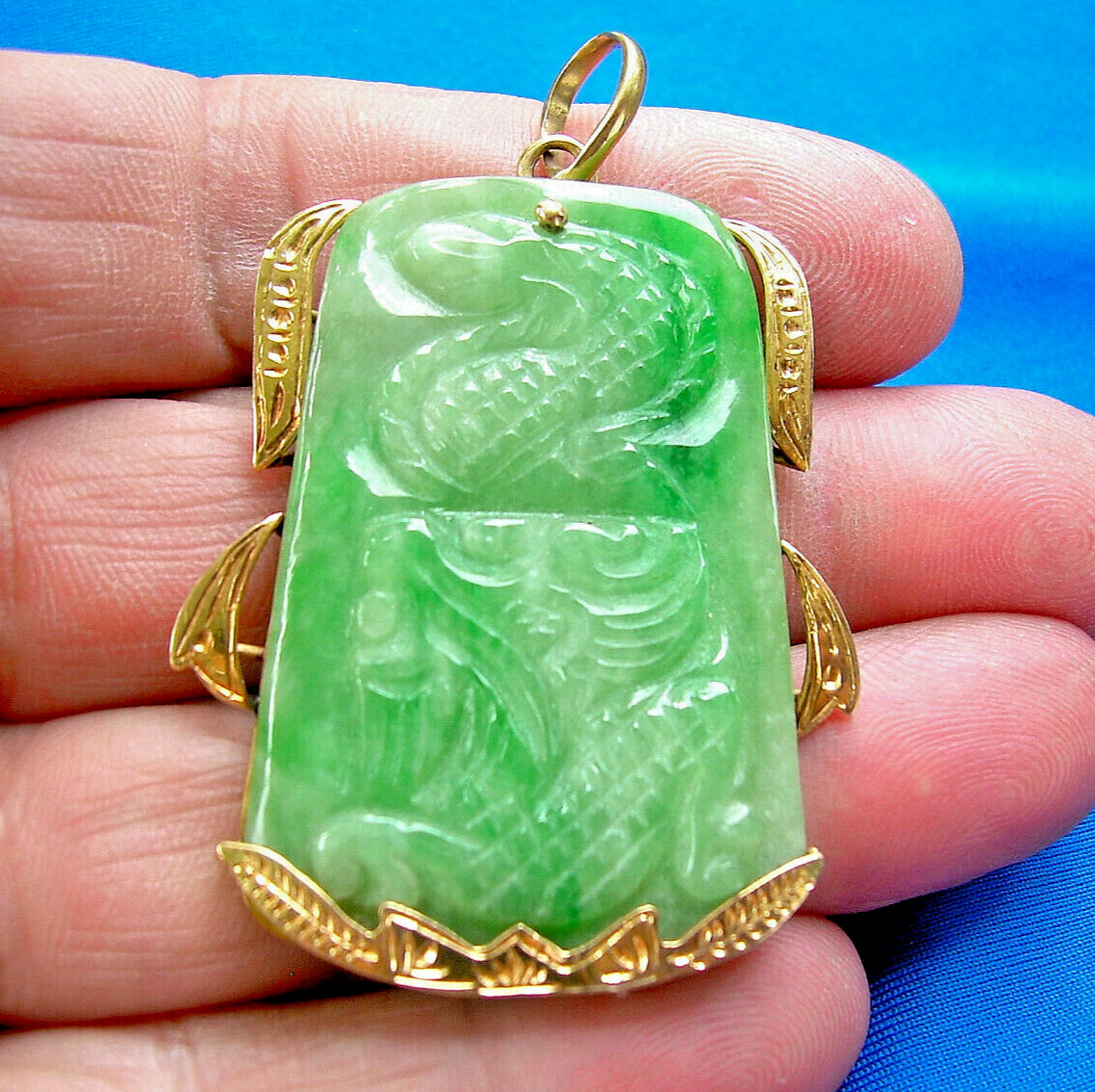 Original EARTH MINED Antique Green JADE DRAGON Pendant 14K GOLD Deco Luck Gift