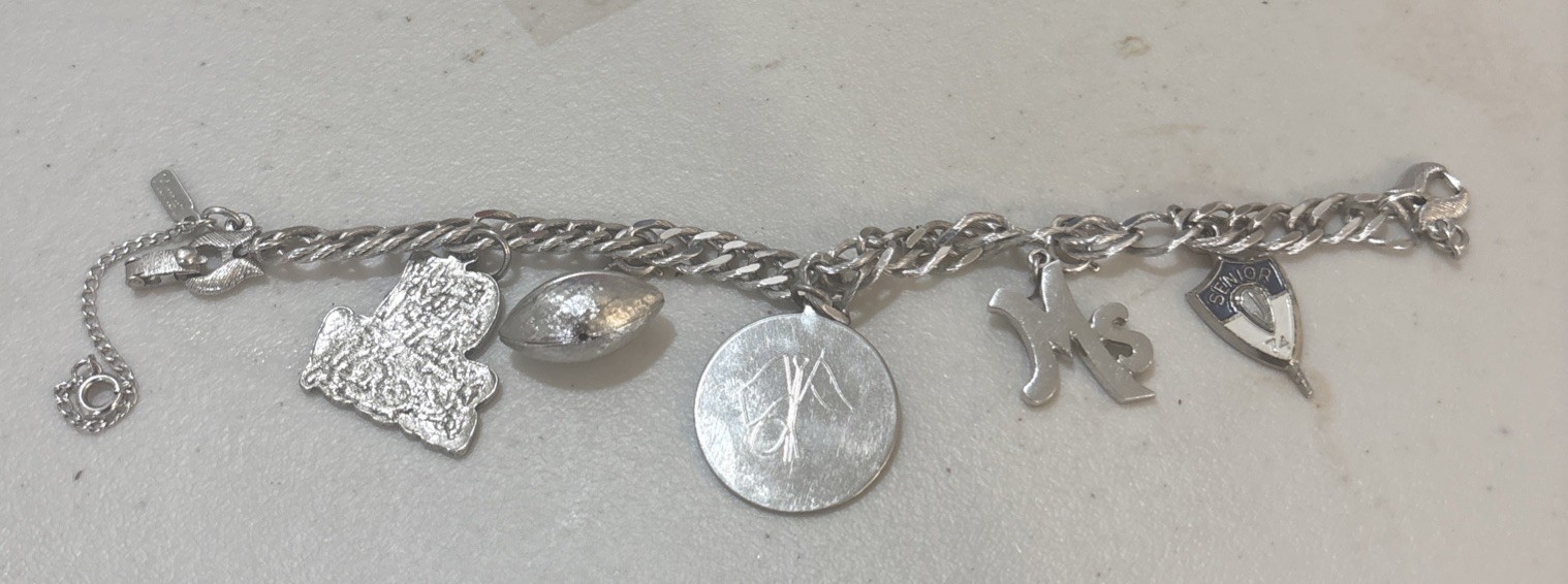 Vintage Monet Silver Tone Charm Bracelet 7.5” Multiple Charms ( 2 Of Them Monet)