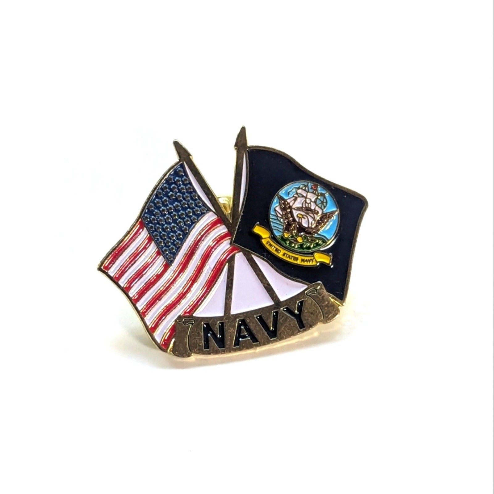 Vintage Gold Tone Enamel American Flag Navy Flag Classic Military Lapel Hat Pin