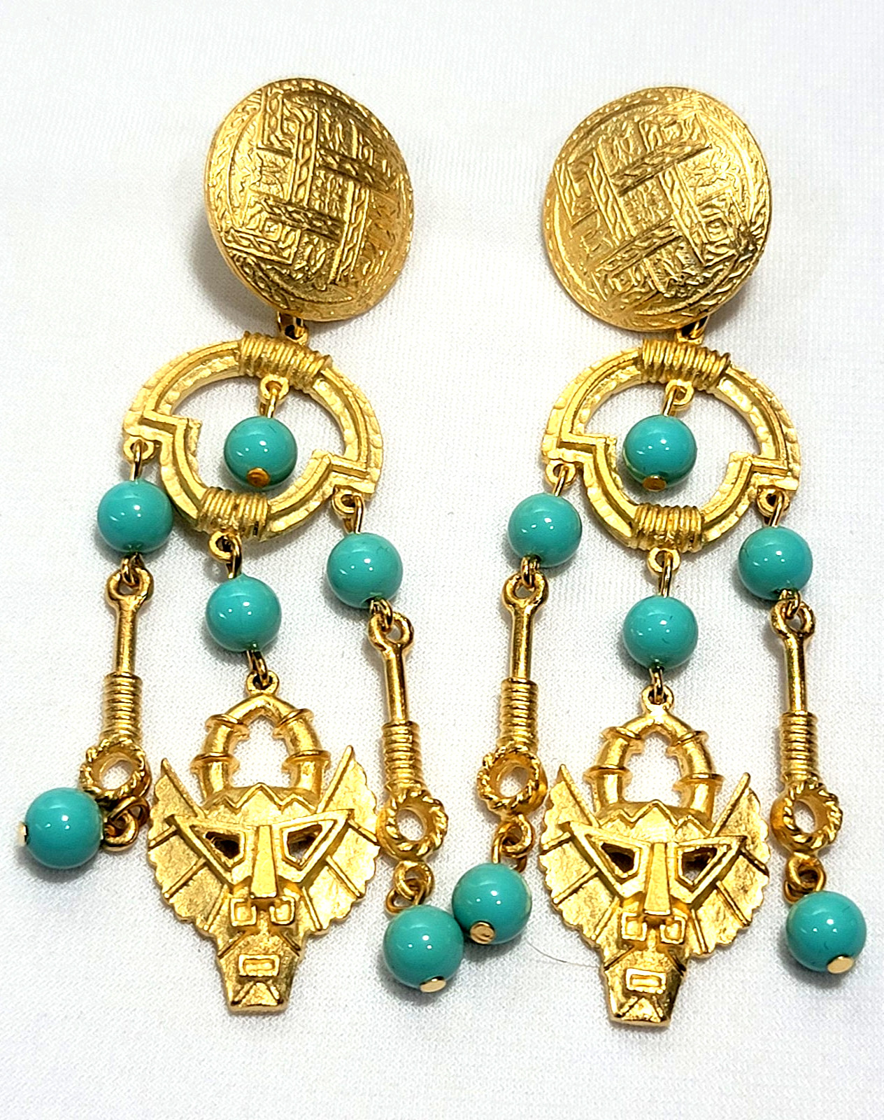 Vintage Estate Mayan Aztec Inspired Beaded Dangle Nepali Coin Earrings