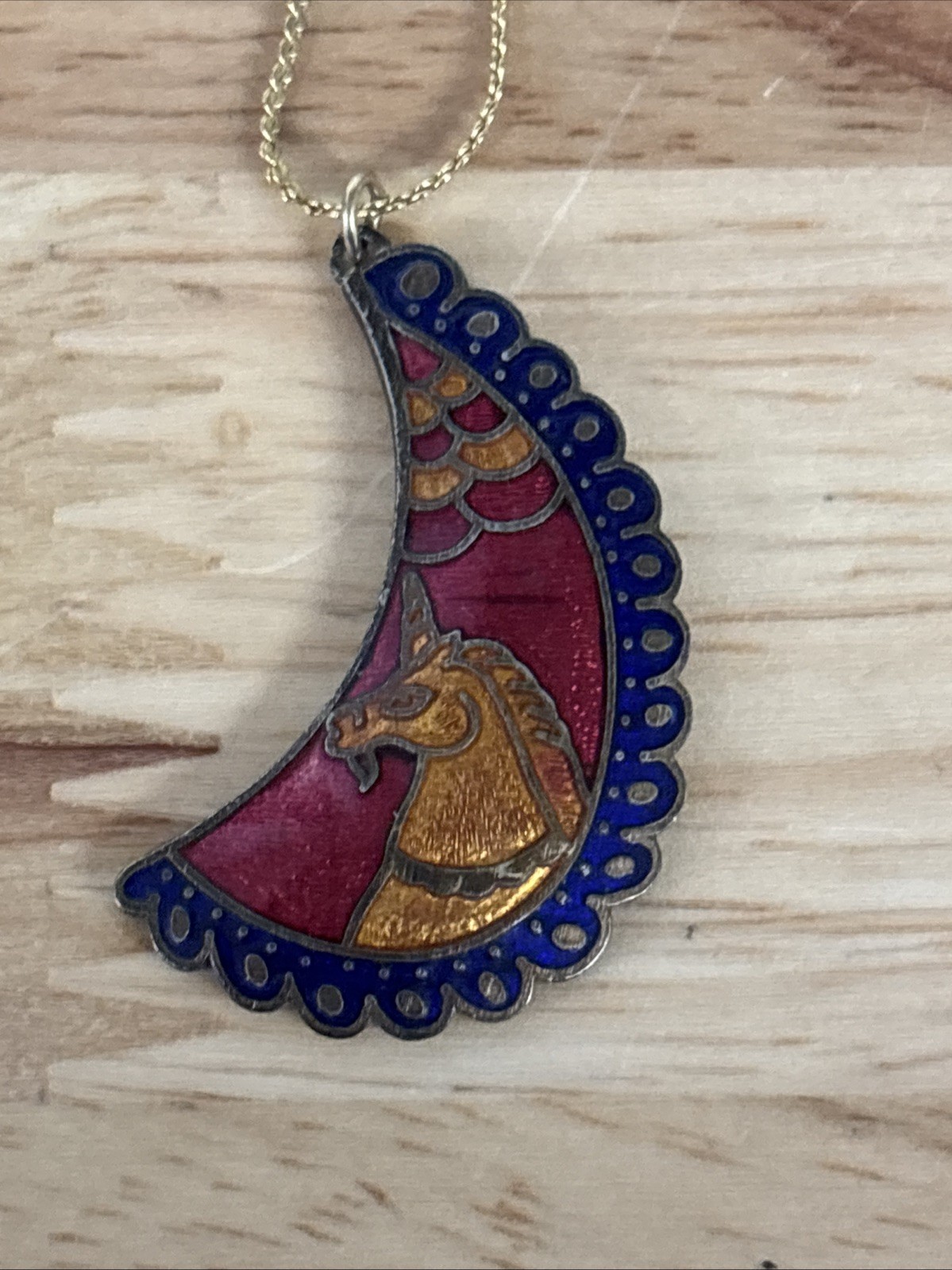 Vintage Cloisonné Unicorn Pendant Crescent Moon Shape Celestial 1.5″ x 1″