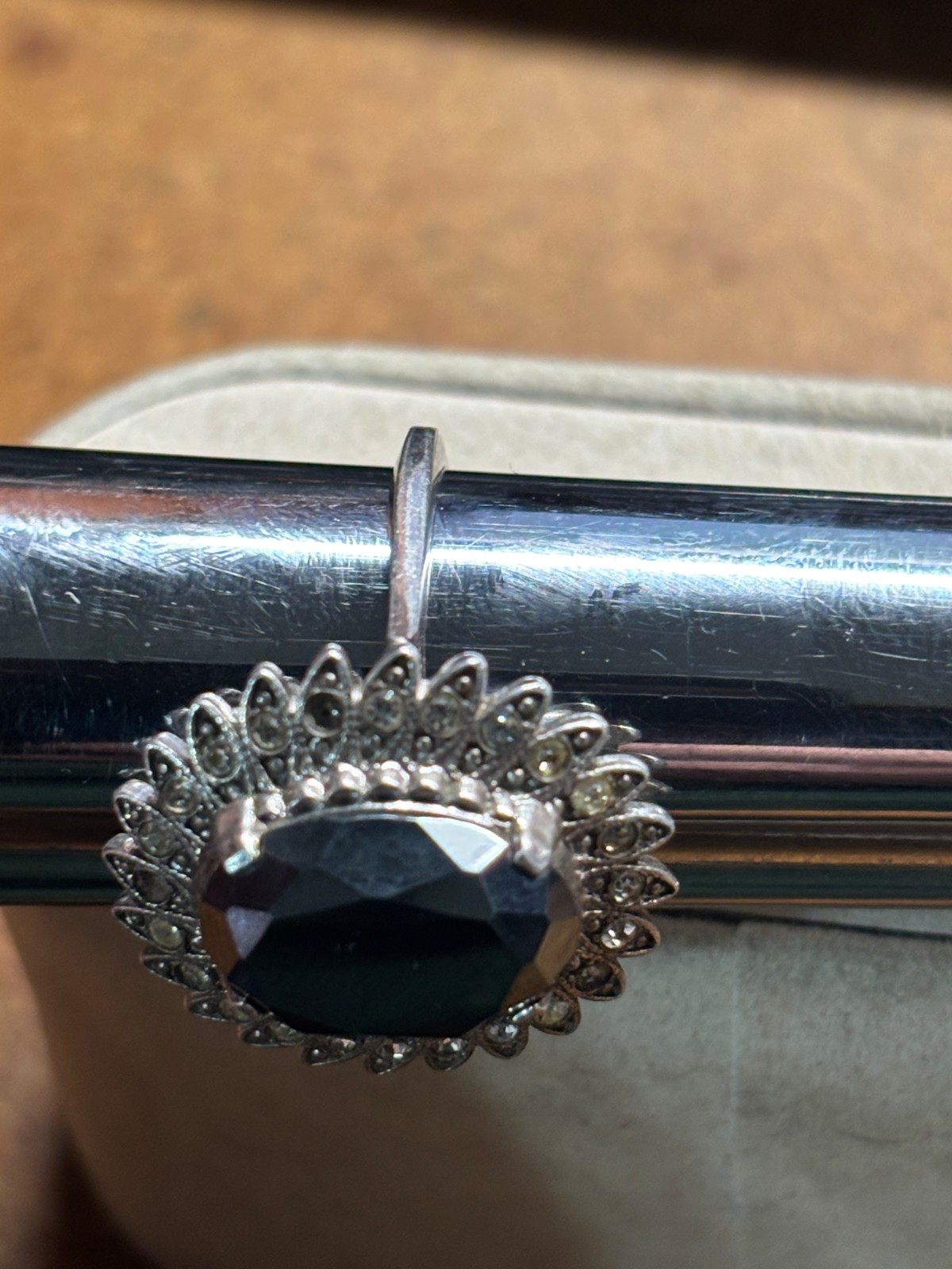 Vtg CLARK & COOMBS 925 sterling silver HEMATITE & Rhinestone COCKTAIL RING sz 8