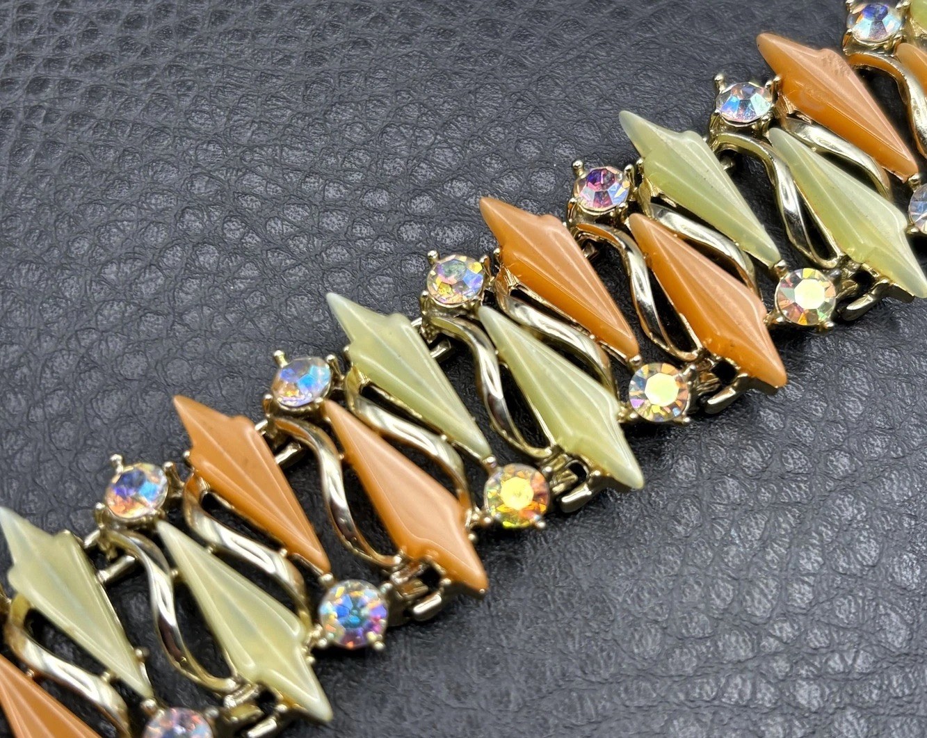 VTG Thermoset Green Orange Leaf Mod Bracelet Aurora Borealis AB Rhinestone