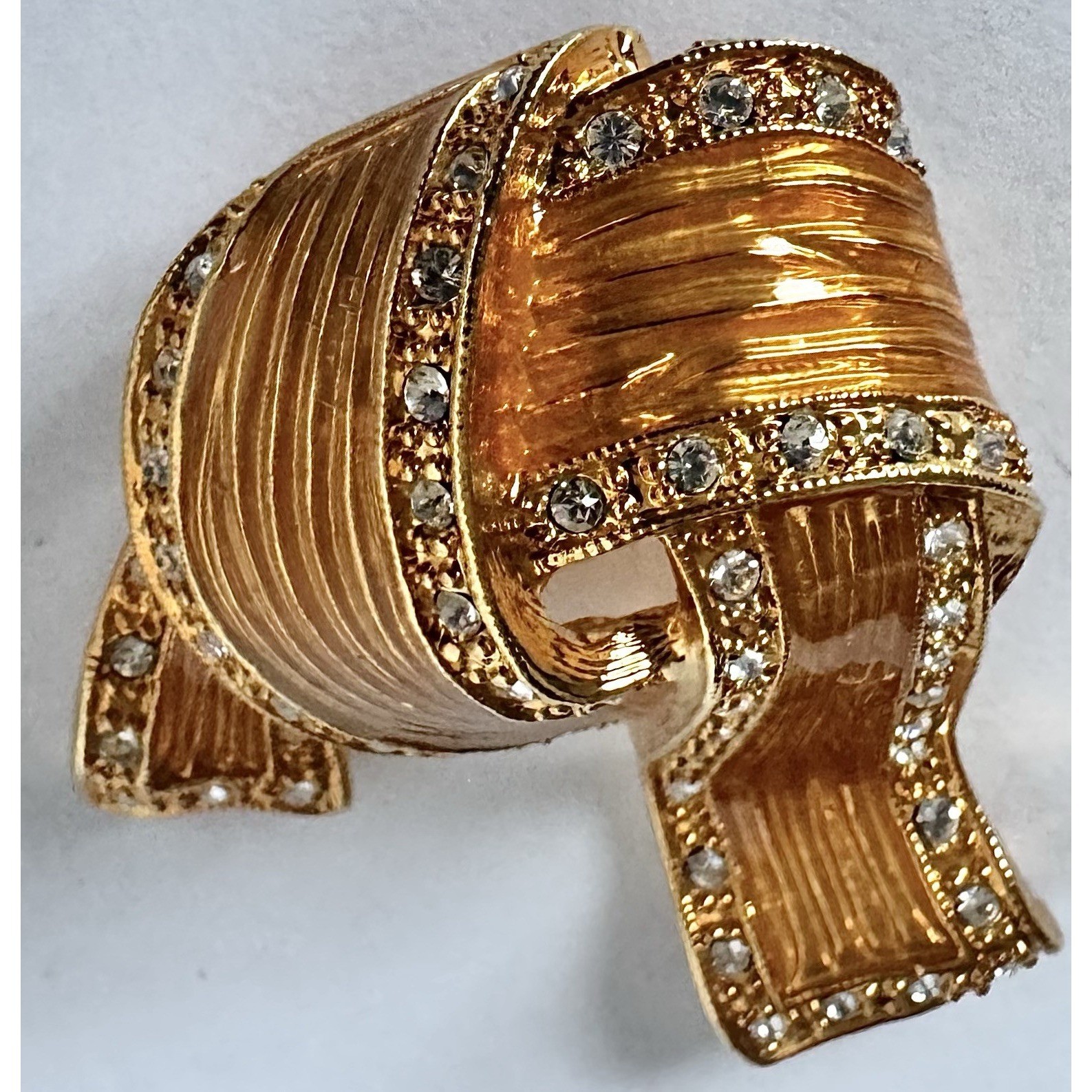 Vintage JBK Camrose & Kross Ribbon Bow Knot Brooch Amber Enamel Crystal Pin