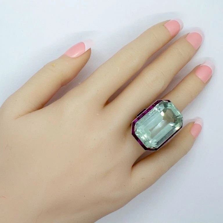 7Ct Vintage Art Deco Style Aquamarine & Ruby Anniversary 14K White Gold FN Ring