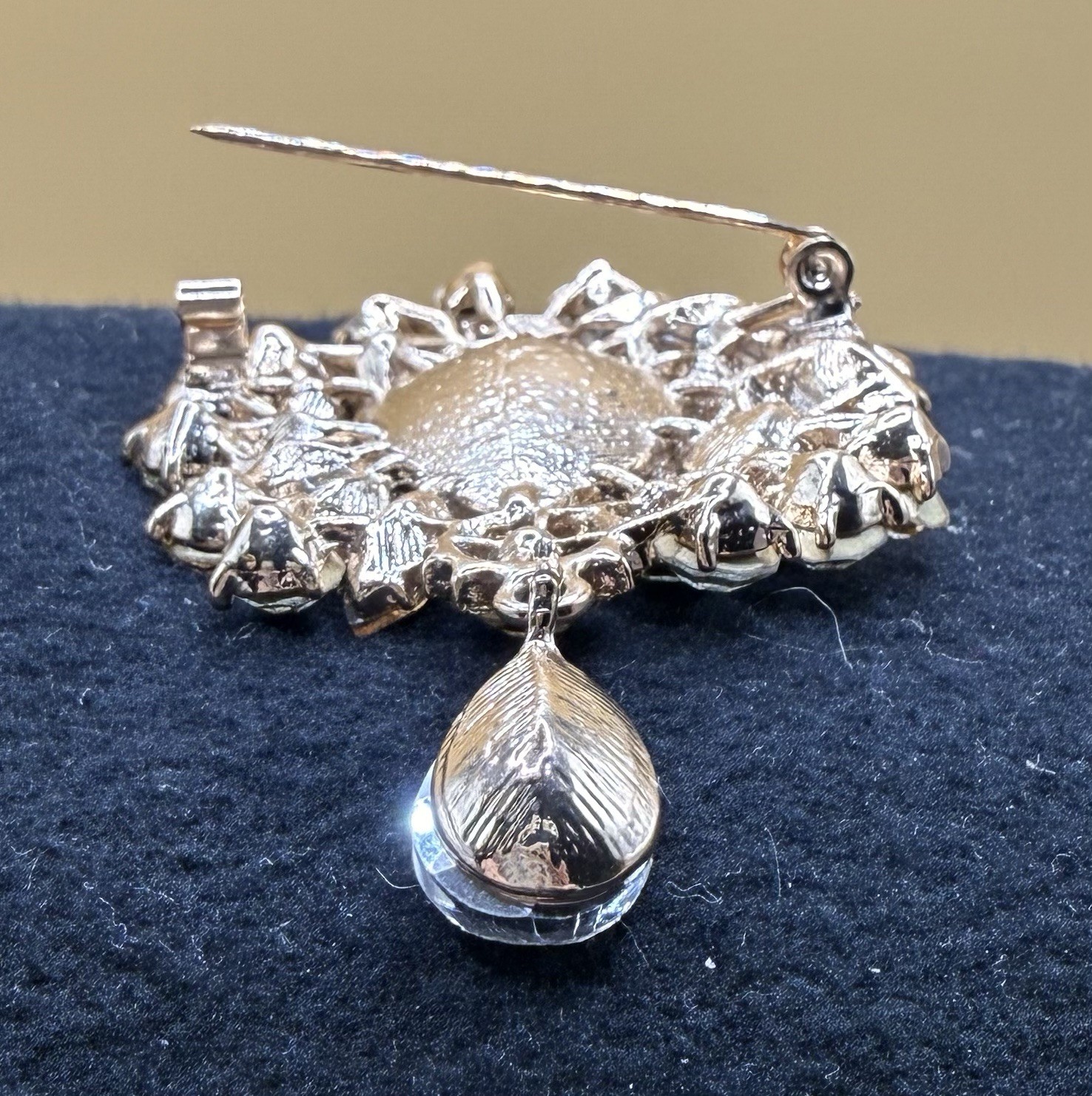 Vintage Rhinestone Brooch Dangle Pendant Smoky Black Gray Topaz Statement Pin 3”