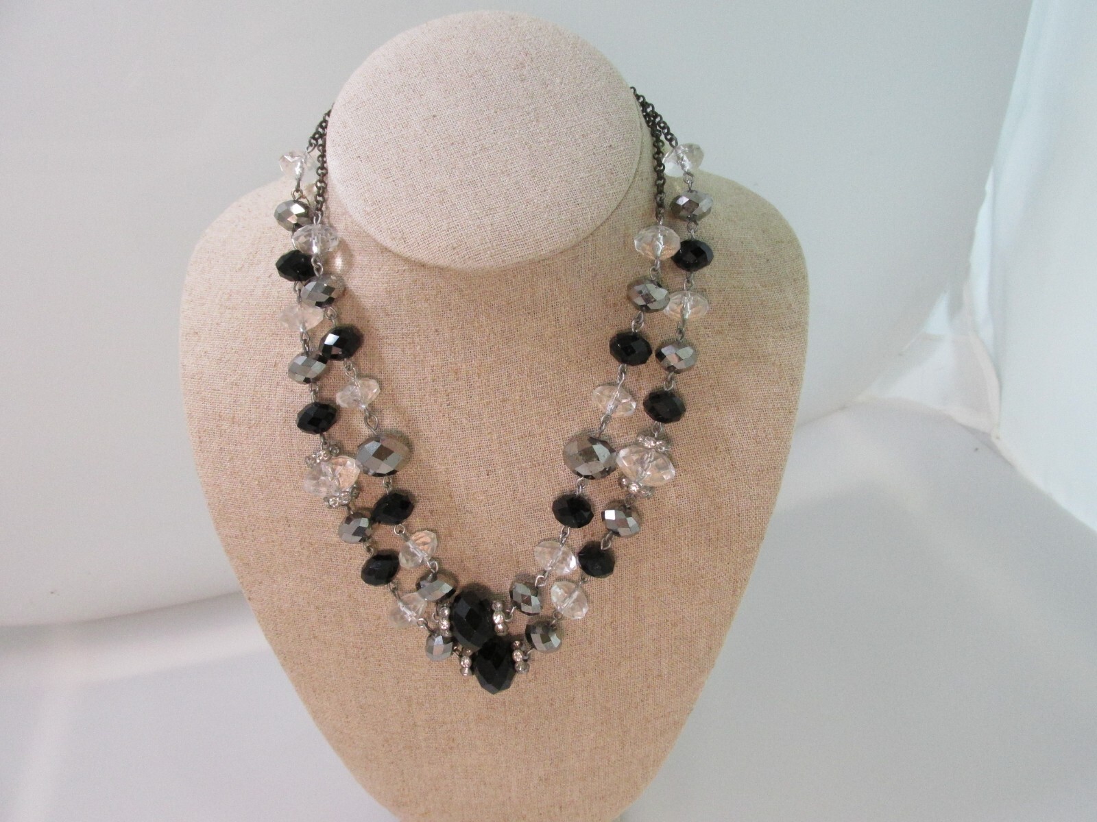 Crown Trifari Faceted Beads Necklace Blk Crystal Clear Rhinestone Double Strand