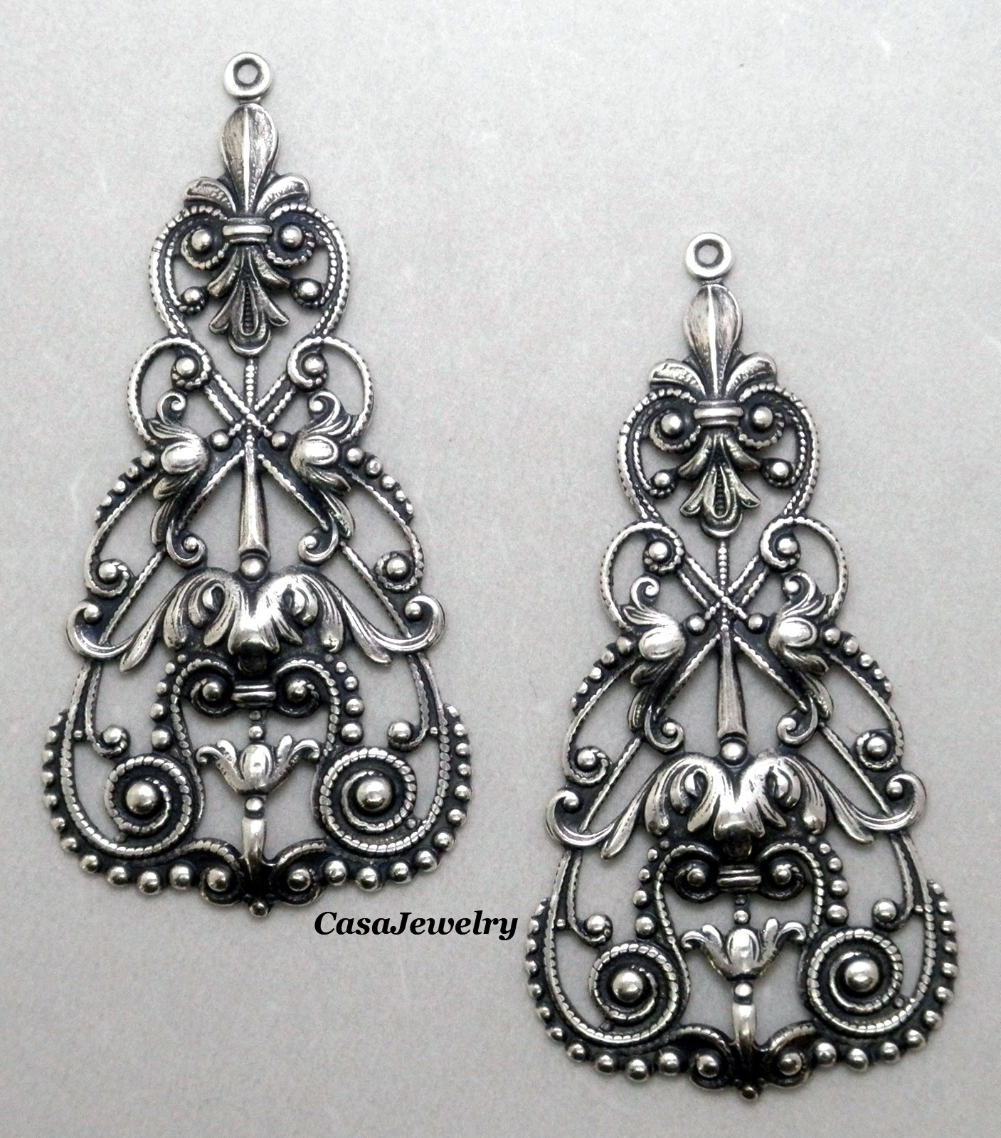#4034 ANTIQUED .925 STERLING SILVER PLATED FILIGREE W/TOP HANG RING – 2 Pcs