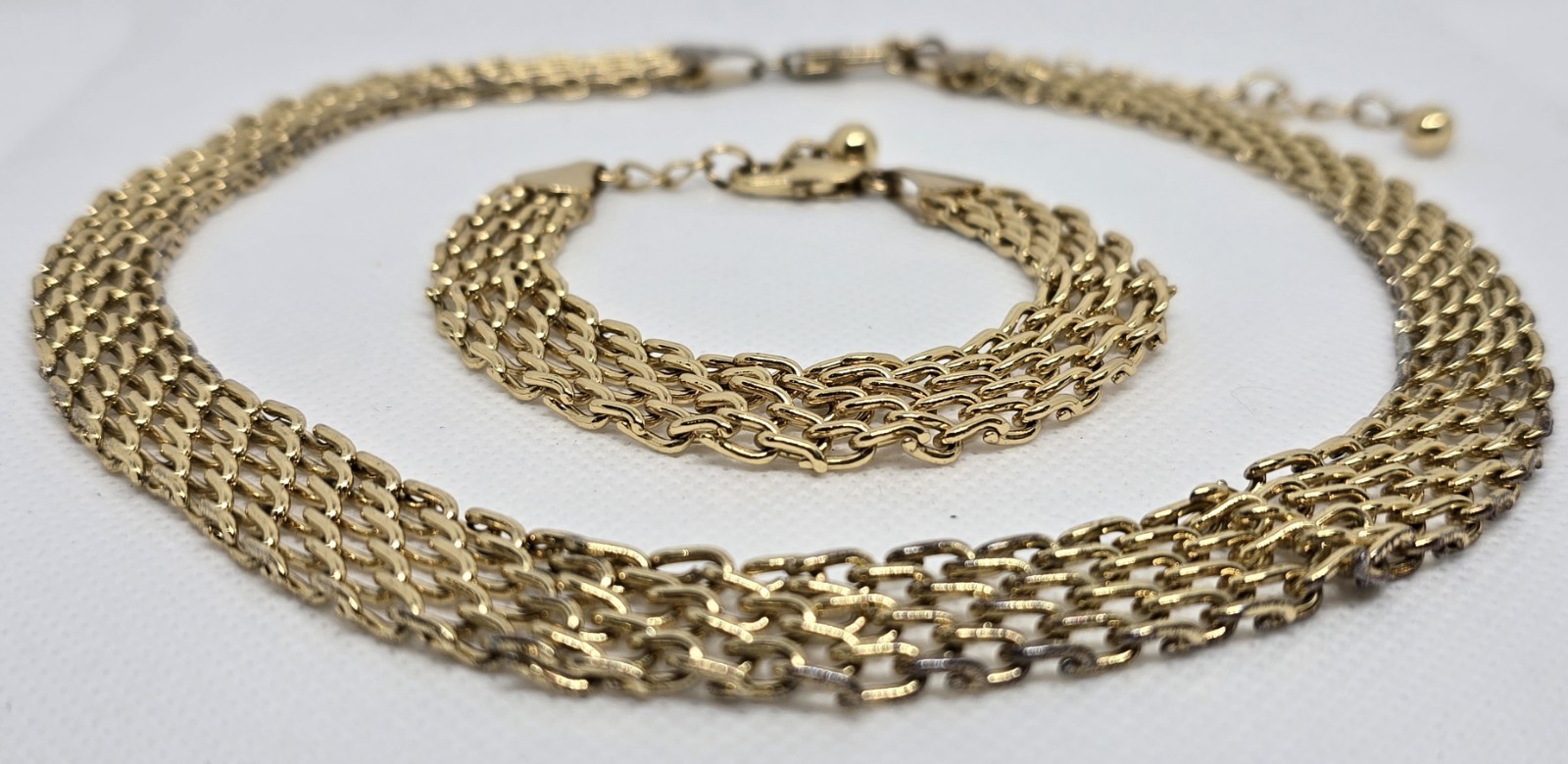 Vintage 14K Gold Plate Chain Weave Necklace & Bracelet Set 3 Inch Extension