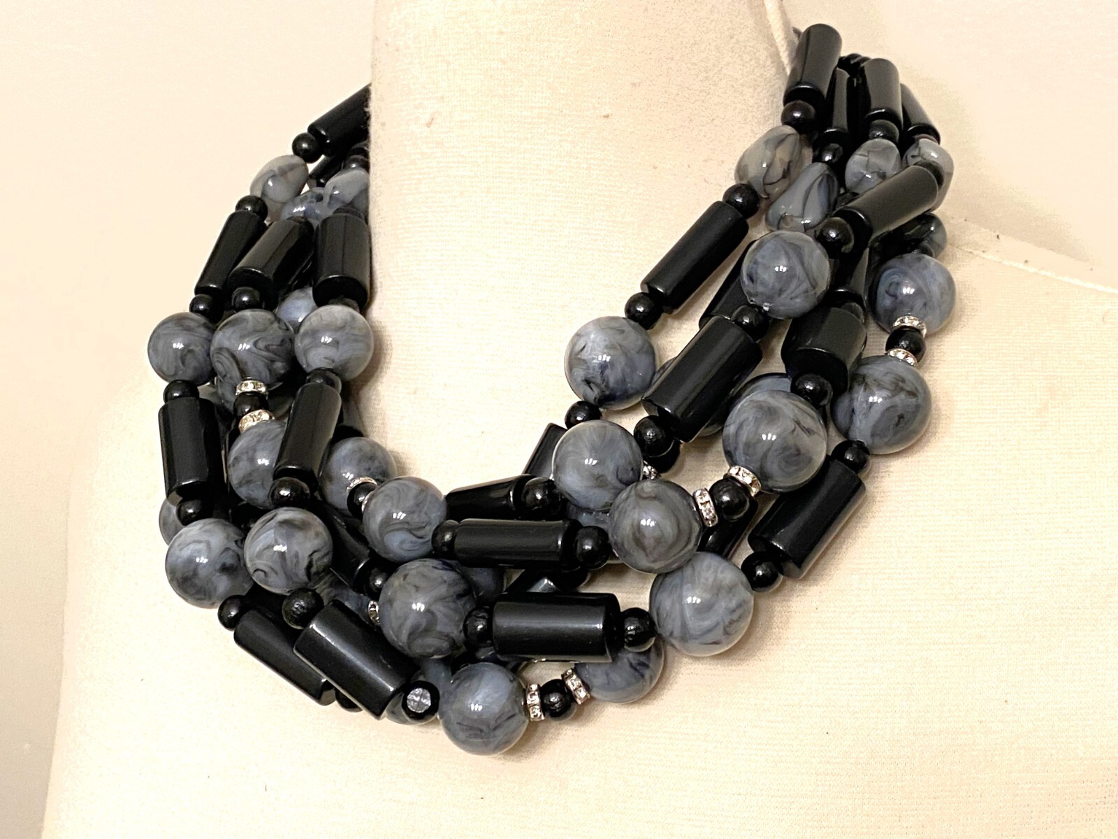 Gorgeous Marbleized Gray Resin & Acrylic Black Tubular Beads Six Strand Necklace