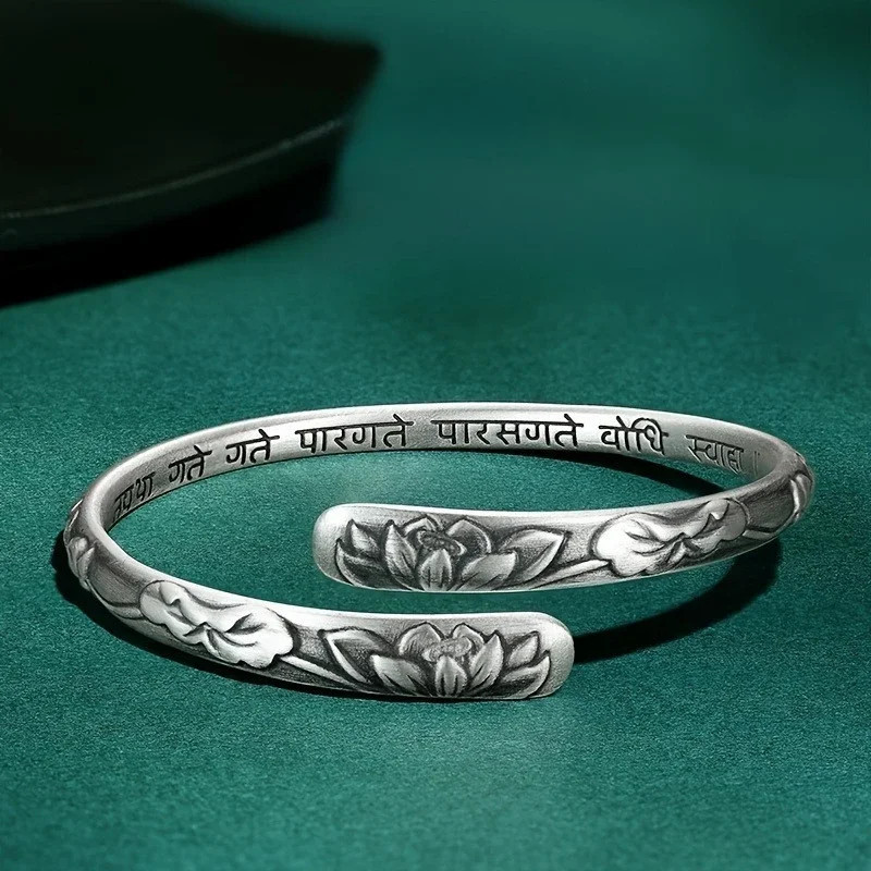 Vintage 925 Silver Lotus Flower Cuff Bracelet Adjustable Bangle for Women