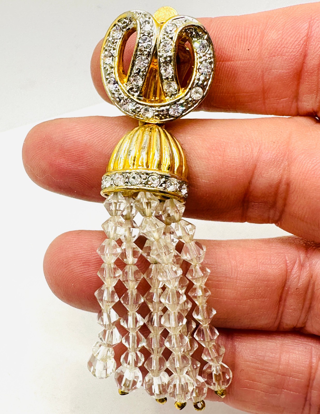 Vtg Fab 1980s Crystal Rhinestone Tassel Dangle Statement Gold Tone Earrings