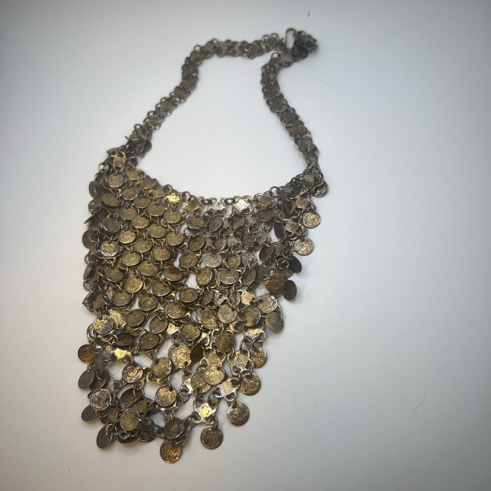 VTG ESTATE BOHO TRIBAL BIB STYLE HAMMERED BRASS COIN COLLAR NECKLACE BELLY DANCE