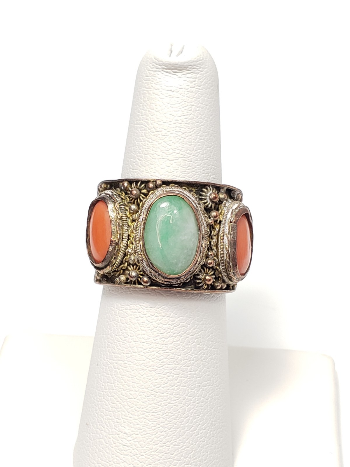 Size 7 Chinese China Export Antique Art Deco Era Filigree Jade Coral Ring