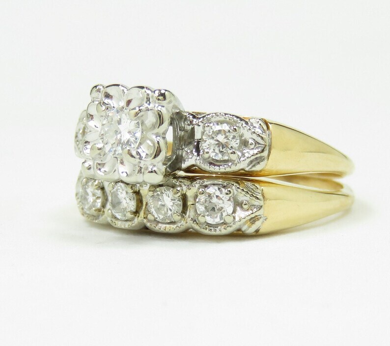 Vintage Engagement Ring and Wedding Band in 1.44 Ct Round Moissanite 925 Silver
