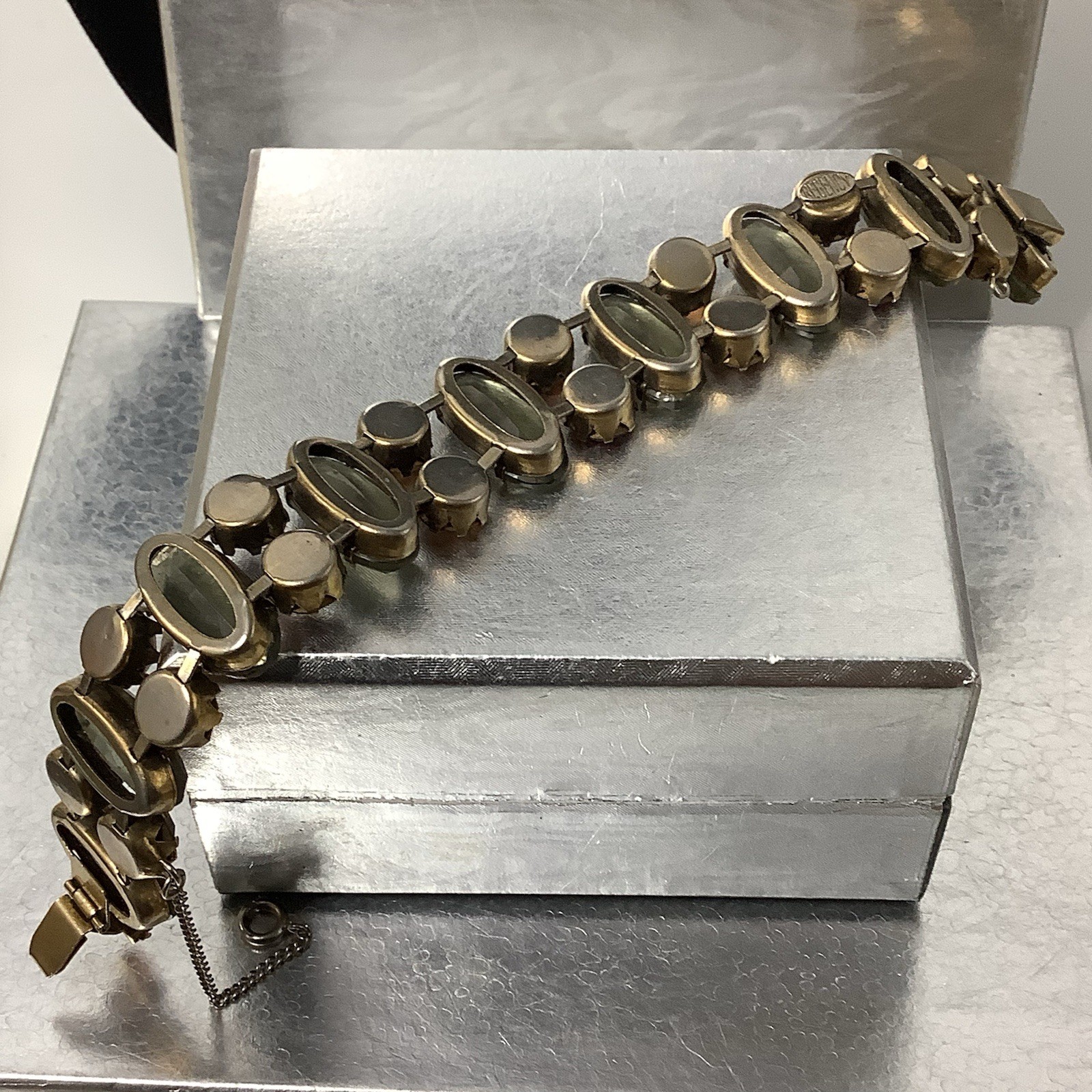 Vintage Signed Regency Golden Brown and Sage Green Crystal Bracelet 7″