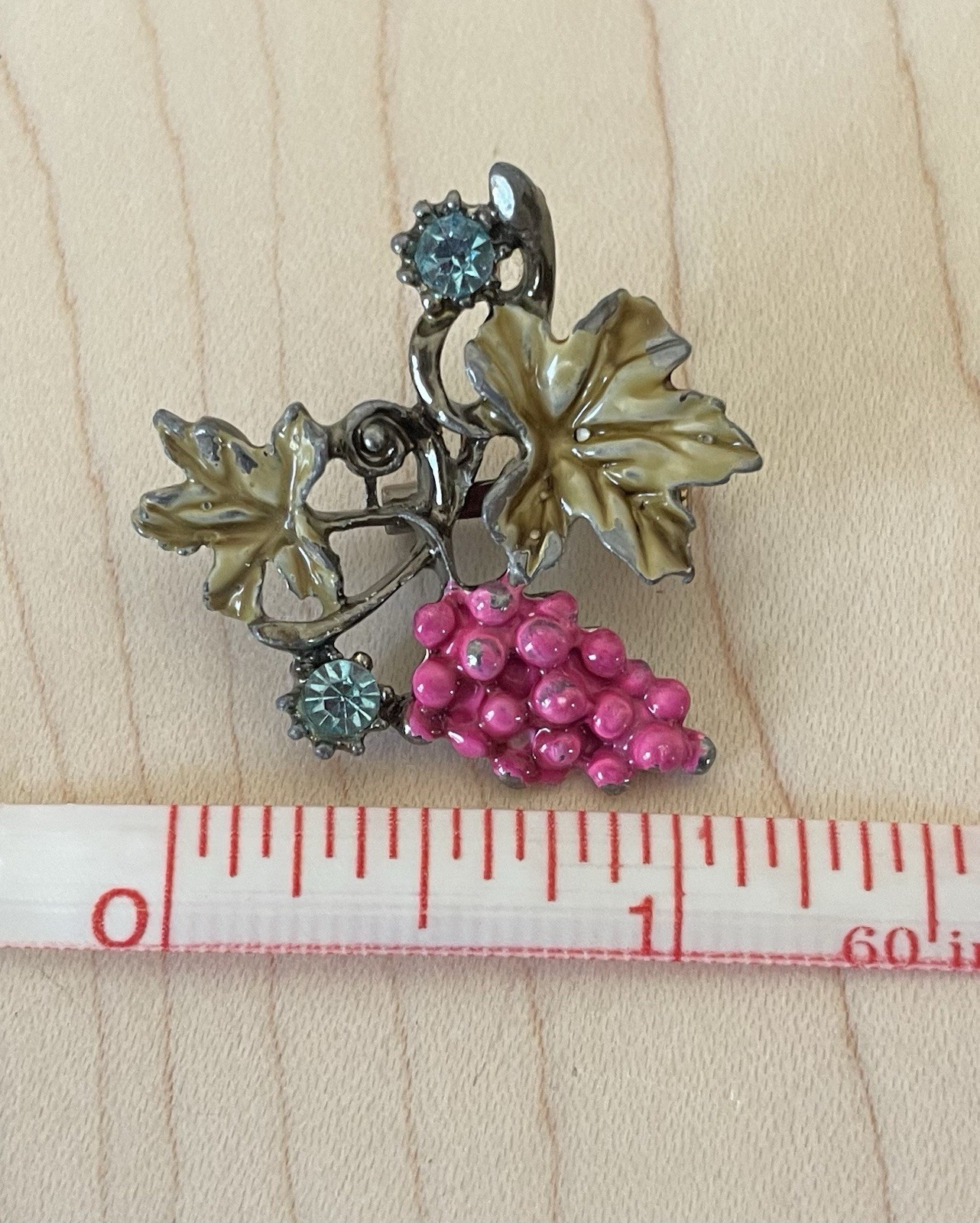 Vintage Grape Enamel Blue Rhinestone Gray Metal Brooch Pin