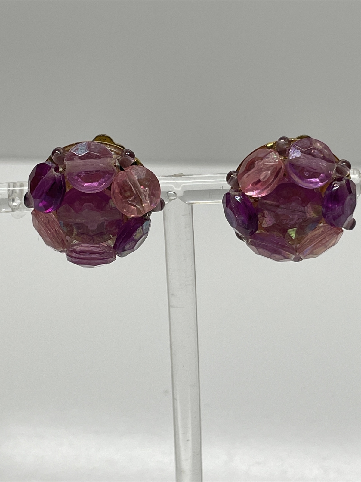 Vintage Western Germany Gold Tone Purple Beaded Cluster Clip On Earrings
