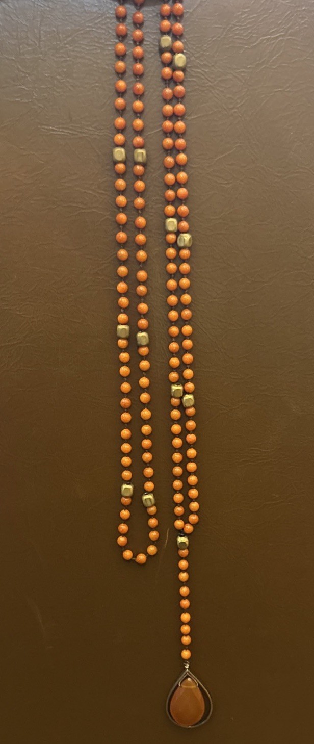 Antique Reddish Orange Coral Small Beaded w/0range Onxy Necklace 25in