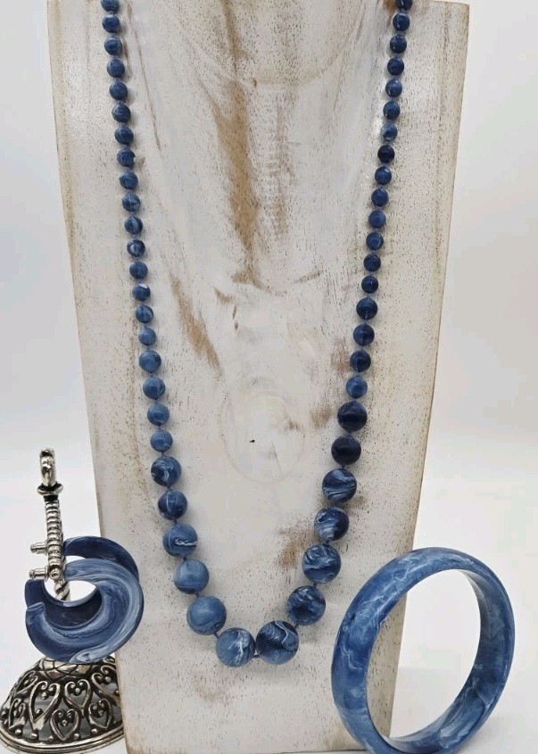 Denim Blue Marbled Jewelry Set Vintage Couture 3pc Necklace Bracelet Earrings